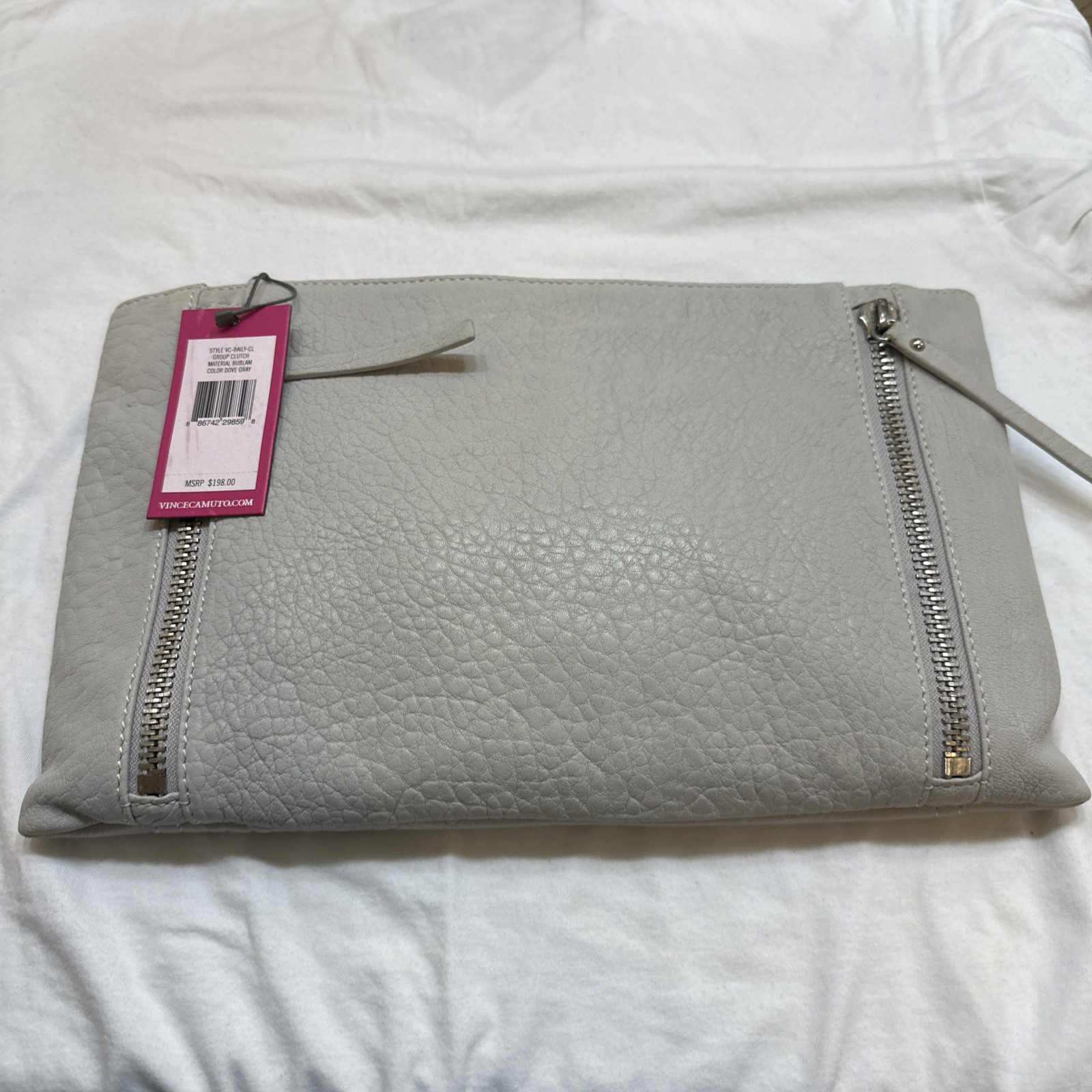 New VINCE CAMUTO BAILY DOVE GRAY BUBLAM GENUINE LEATHER CLUTCH MSRP $198