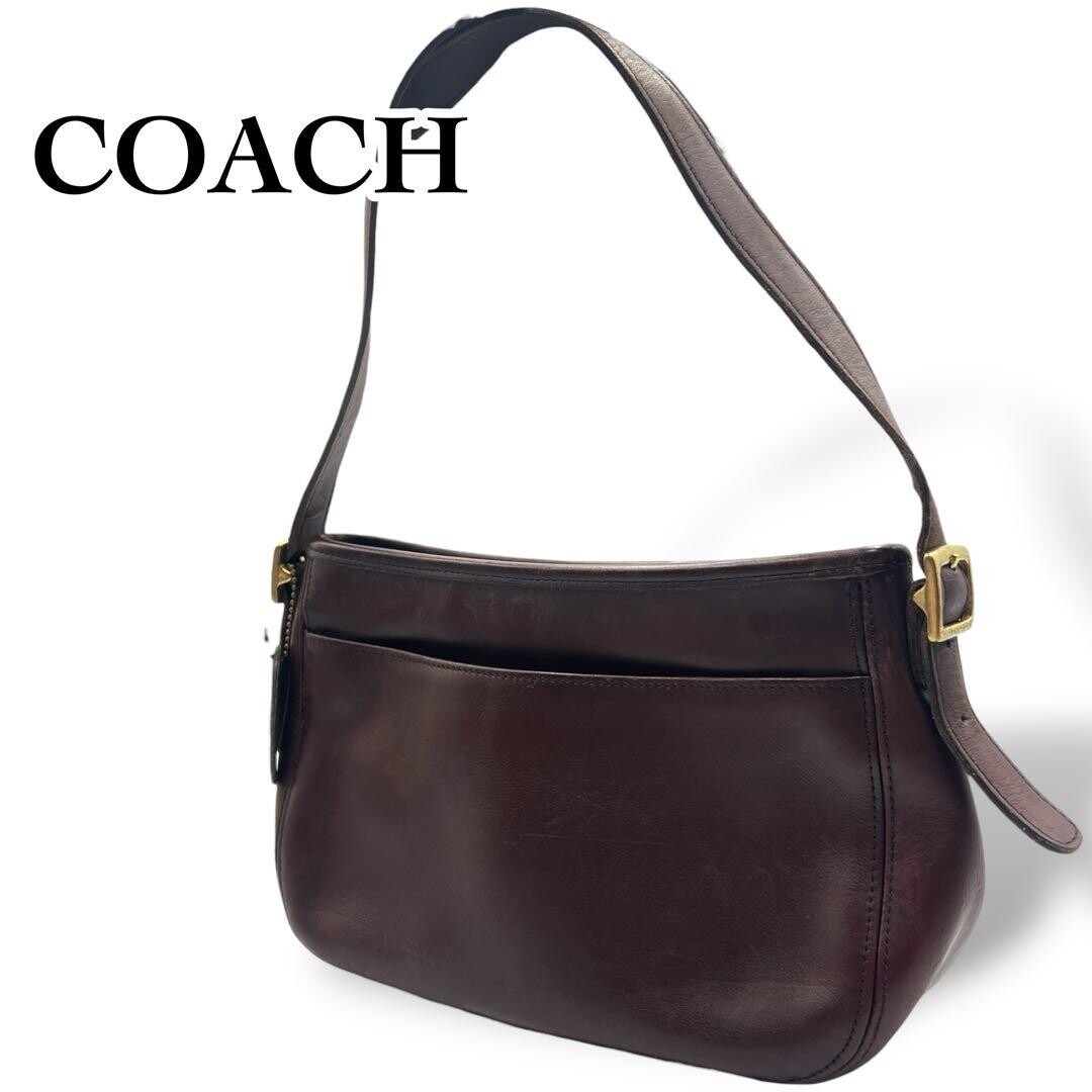 COACH Brown Leather Shoulder Bag With Charm Adjustable Strap 25x17cm Auth