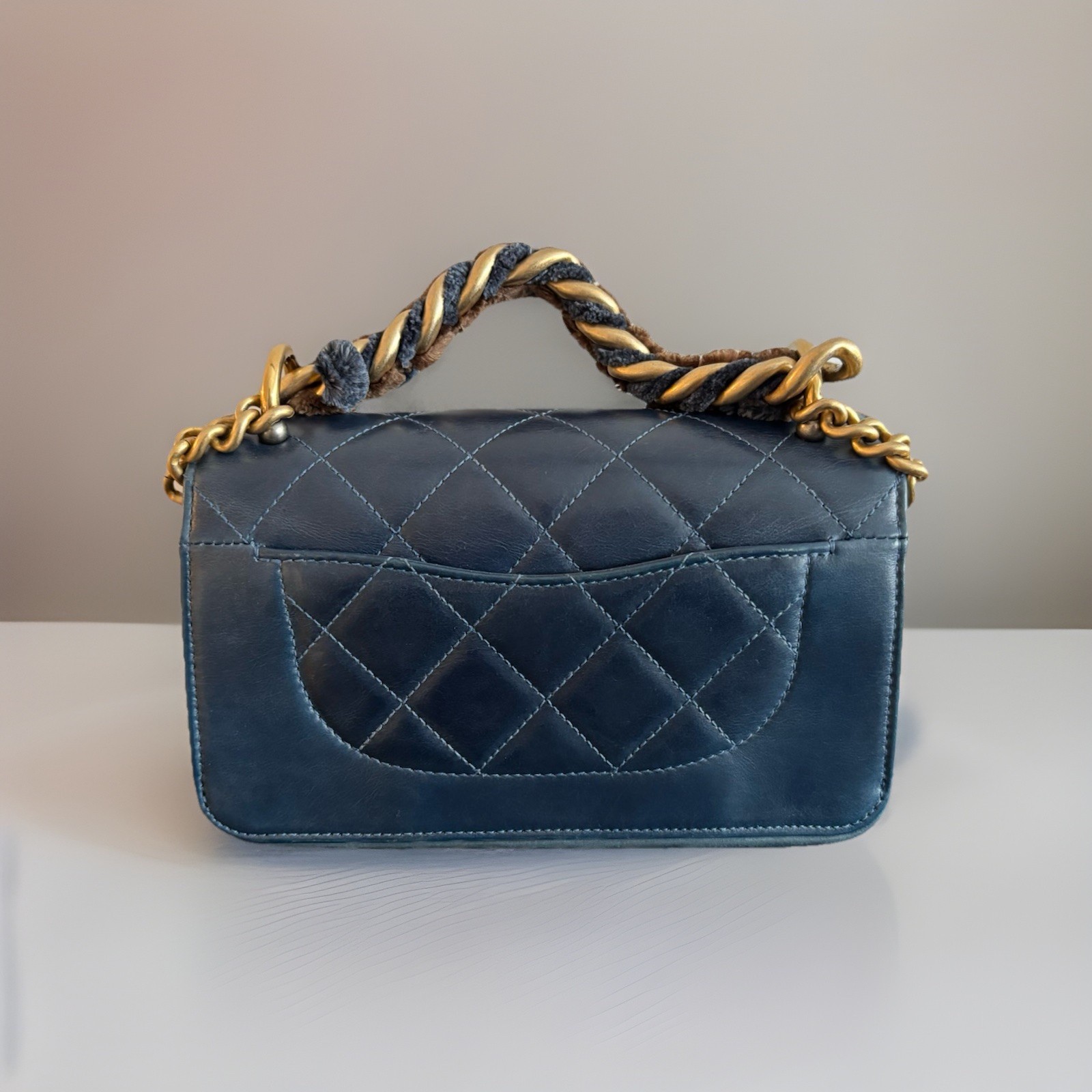 CHANEL Trapeze Rabbit Trimmed Blue Leather Classic Flap Handbag Limited Edition