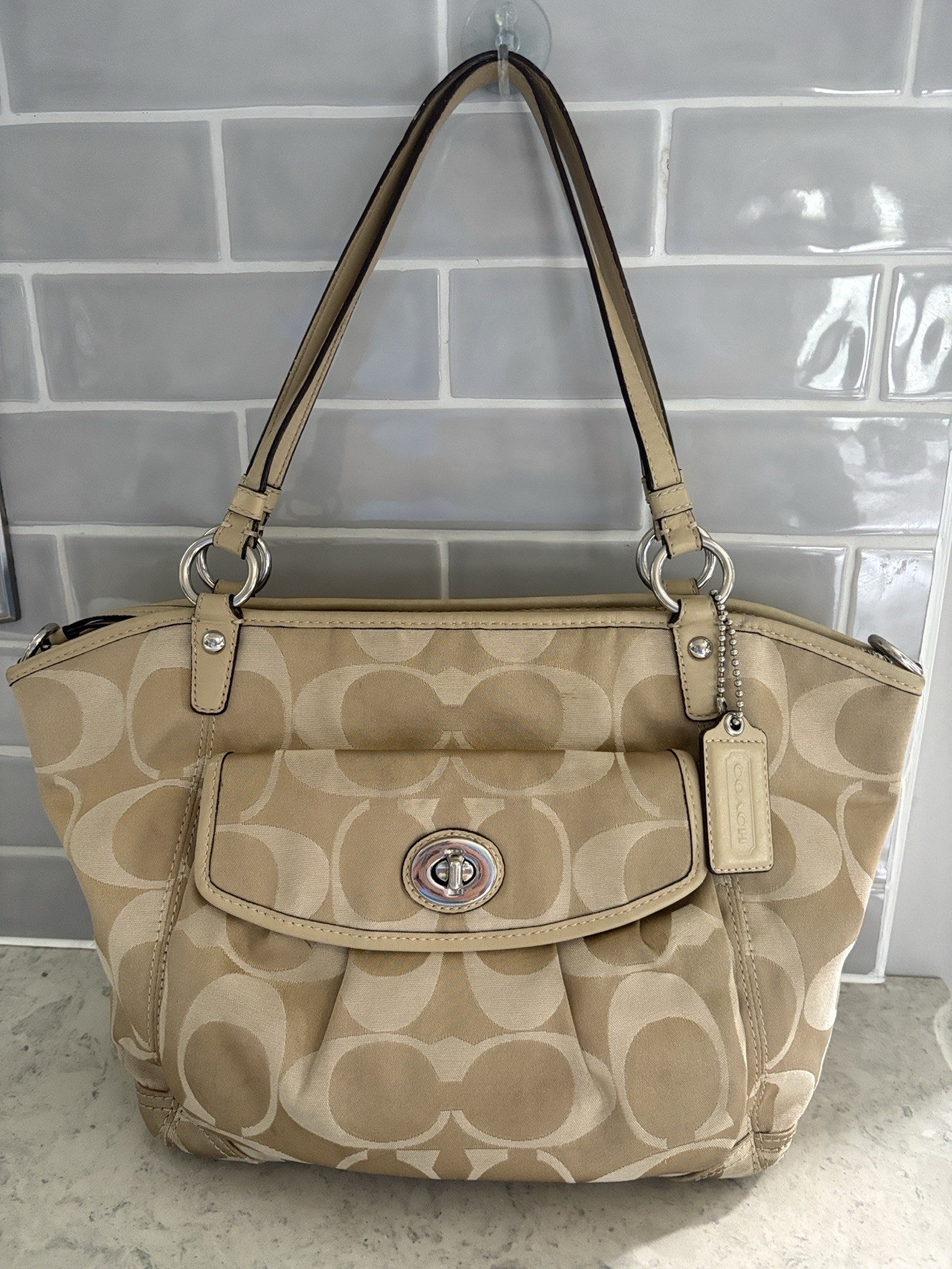 COACH Leah F13139 Tan Signature C Jacquard Turnlock Satchel Shoulder Bag