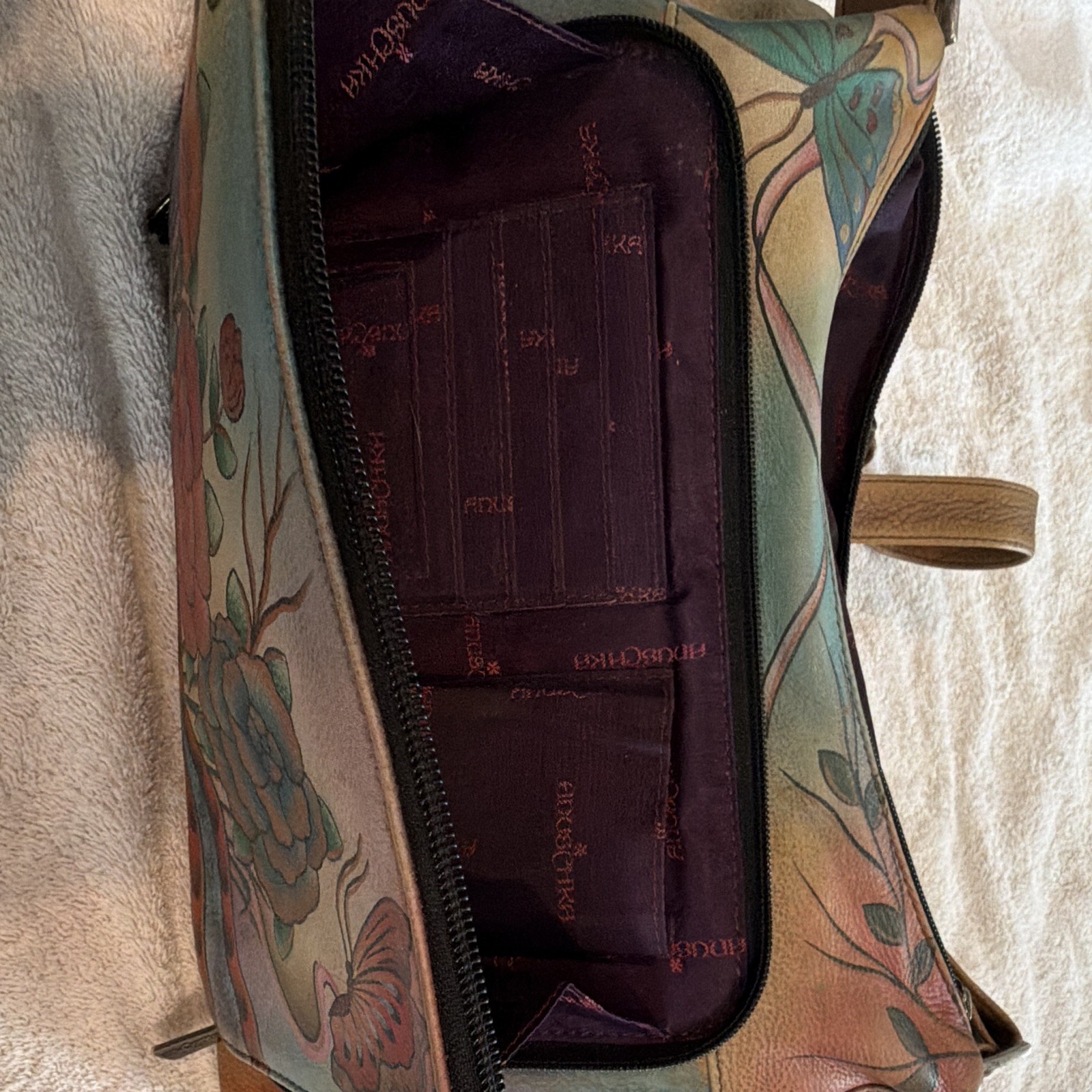 Anuschka Hand Painted Multicolor Floral Butterfly Shoulder Bag Zip Pockets Charm