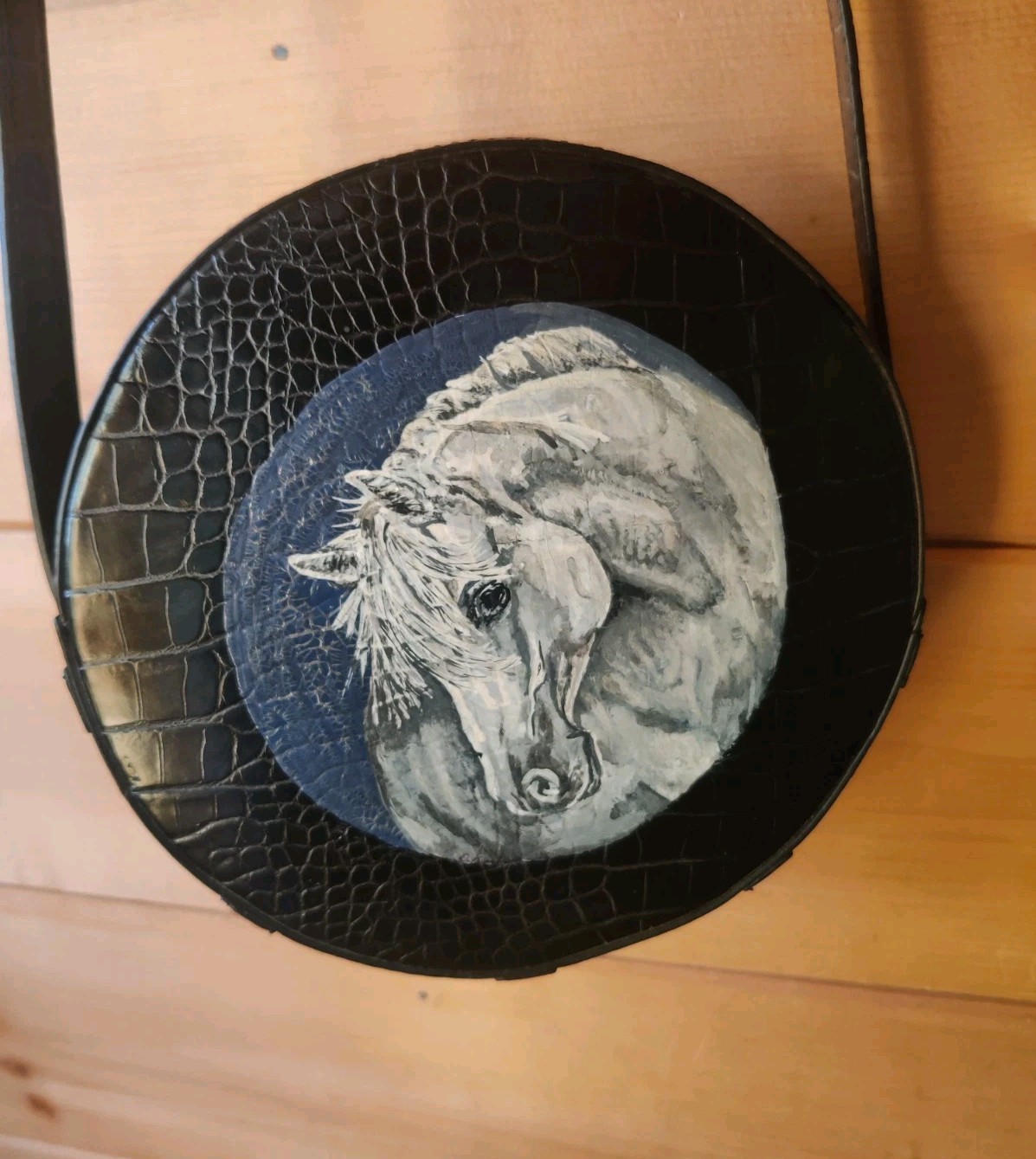 Upcycle Hand Painted Art White Horse Faux Leather Crossbody Circle Bag OOAK READ