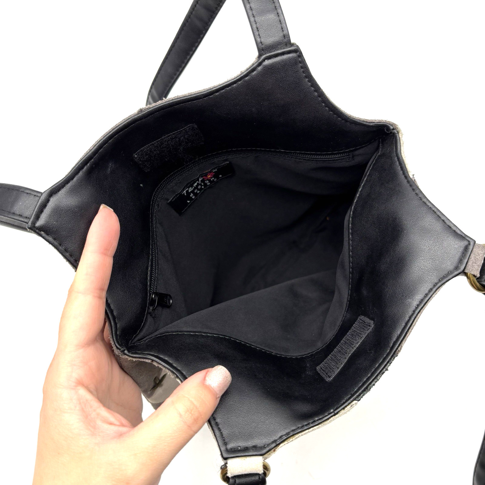 Vintage 90s Y2K Temp Design Black Gray Suede Embroidered Shoulder Bag 11×9.5″