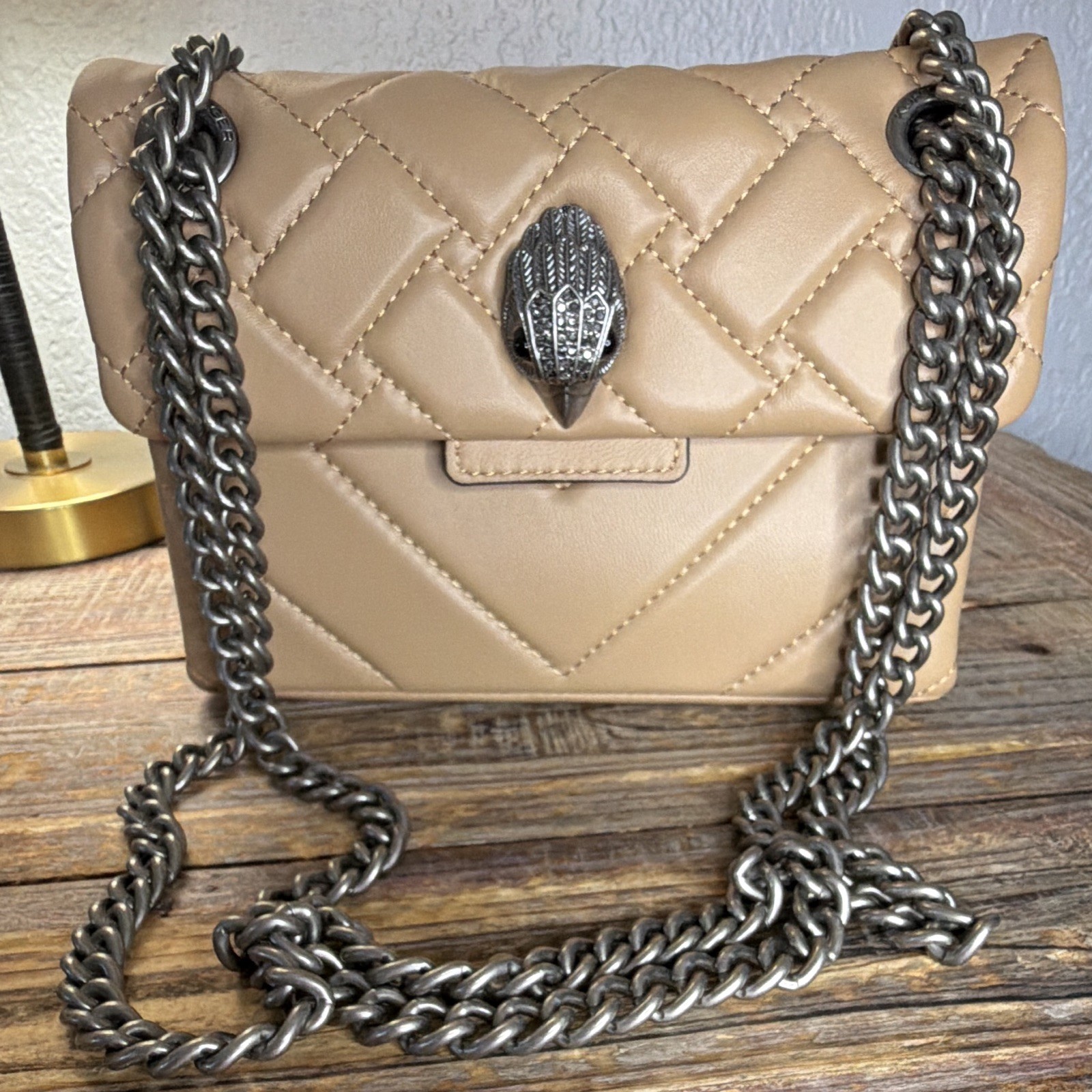 Kurt Geiger Kensington Small Beige Quilted Shoulder Bag Chain Strap Eagle Clasp