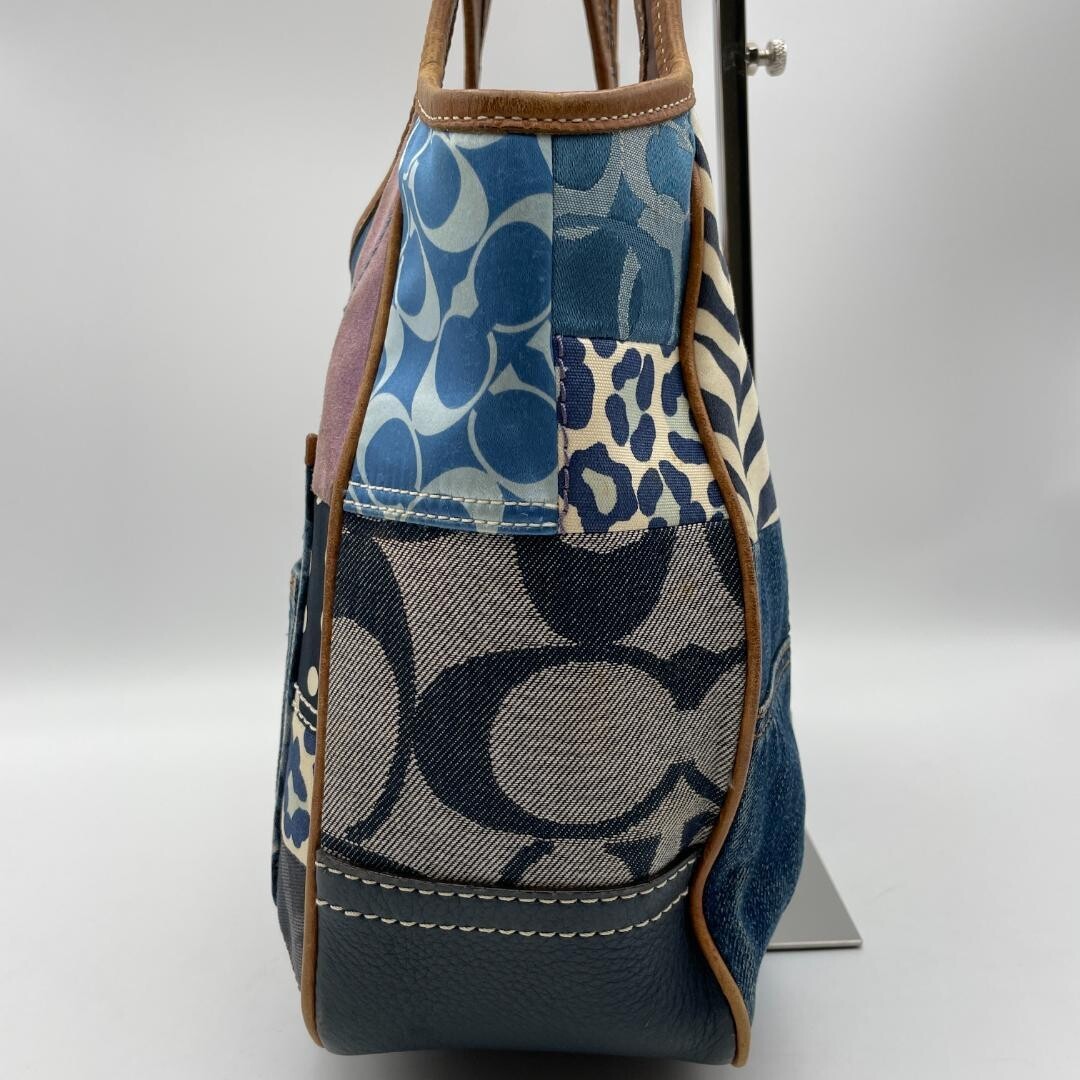 Coach Blue Denim Patchwork Canvas Tote Bag Women Gold Hardware 34cm 13.4in