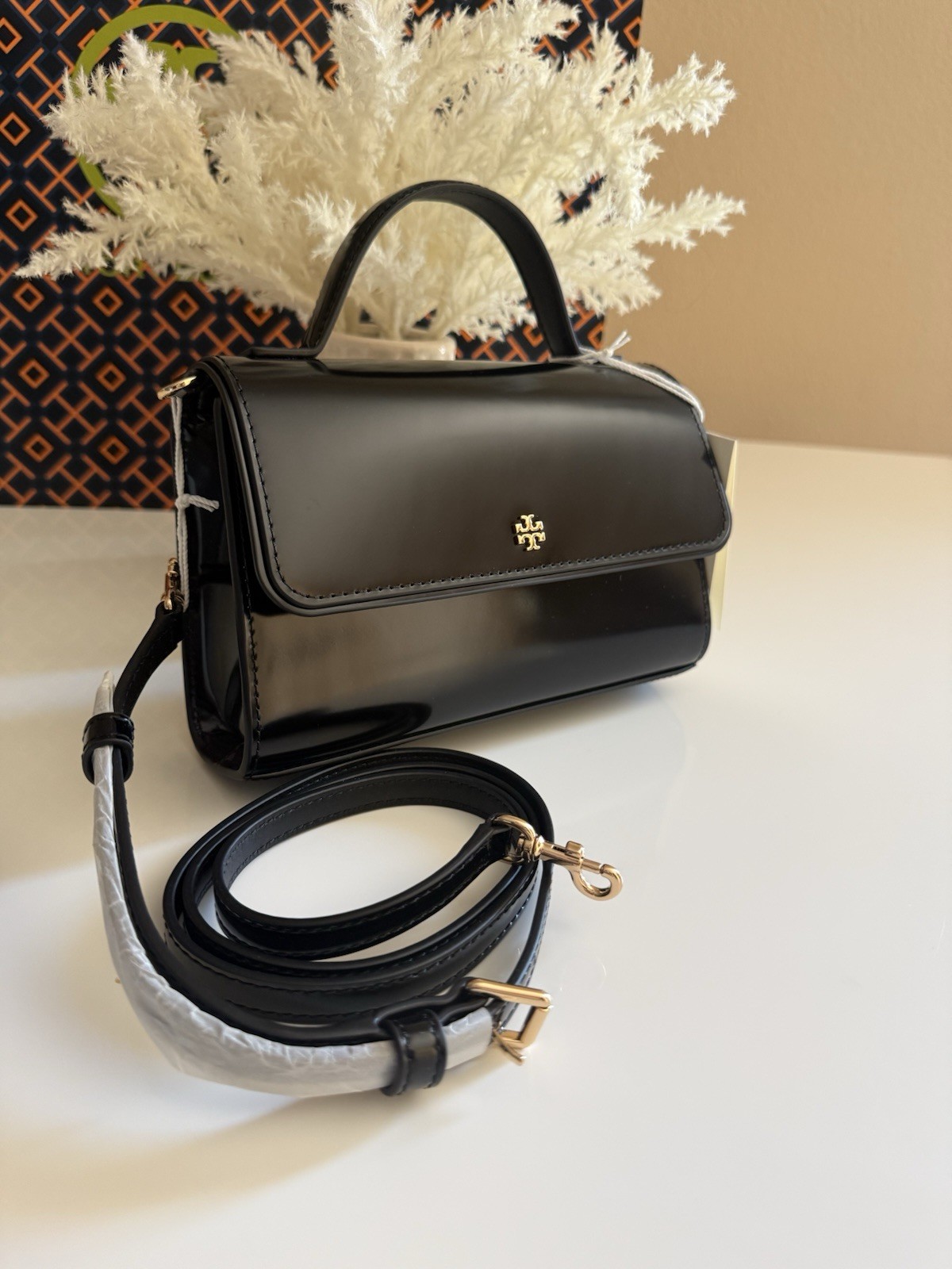 Authentic Tory Burch Emerson Smooth Leather Top Handle Satchel Crossbody Black