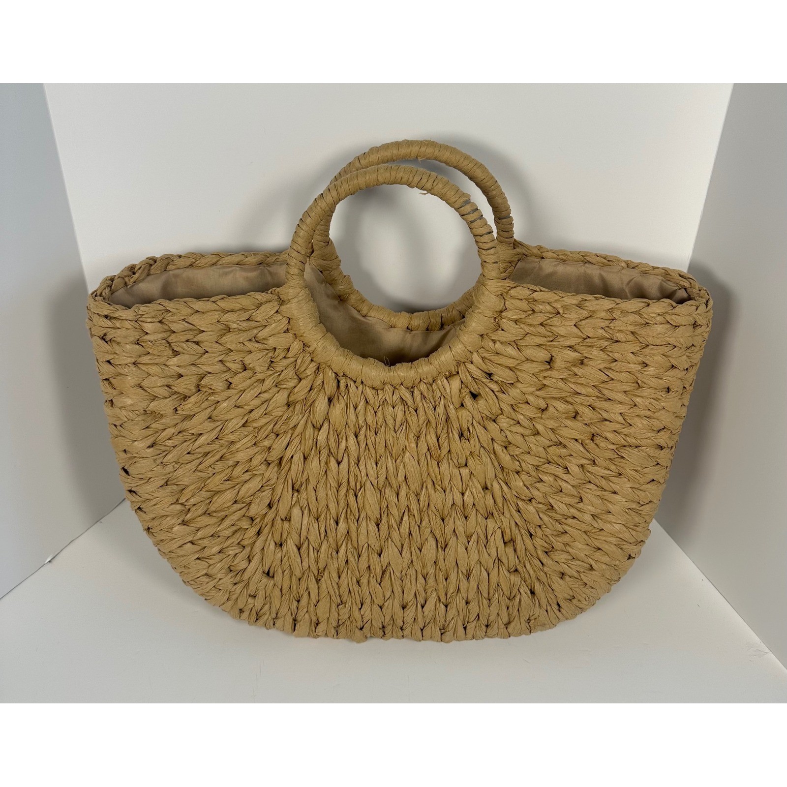 Woven Straw Half Moon Tote Bag Natural Tan Circle Handle Beach Handbag Large