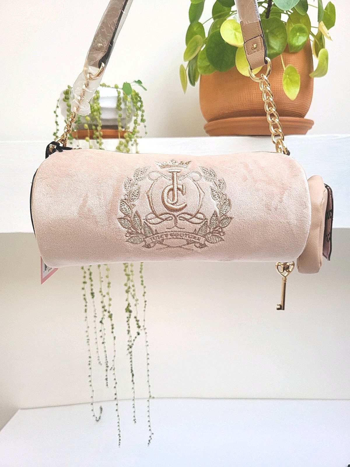 Juicy Couture Buff Beige Cylinder Barrel Y2K Satchel Gold Chain Embroidered NWT