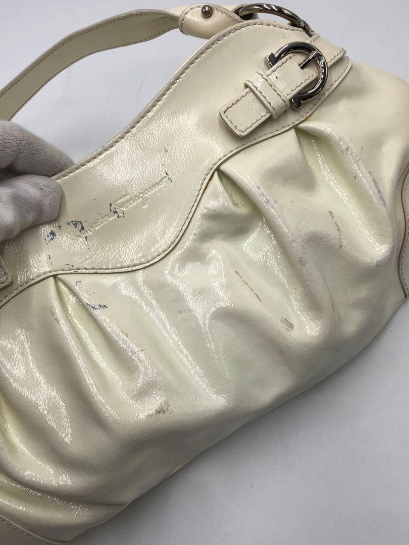 Salvatore Ferragamo Handbag Leather White Gancini Silver Hardware Condition Used