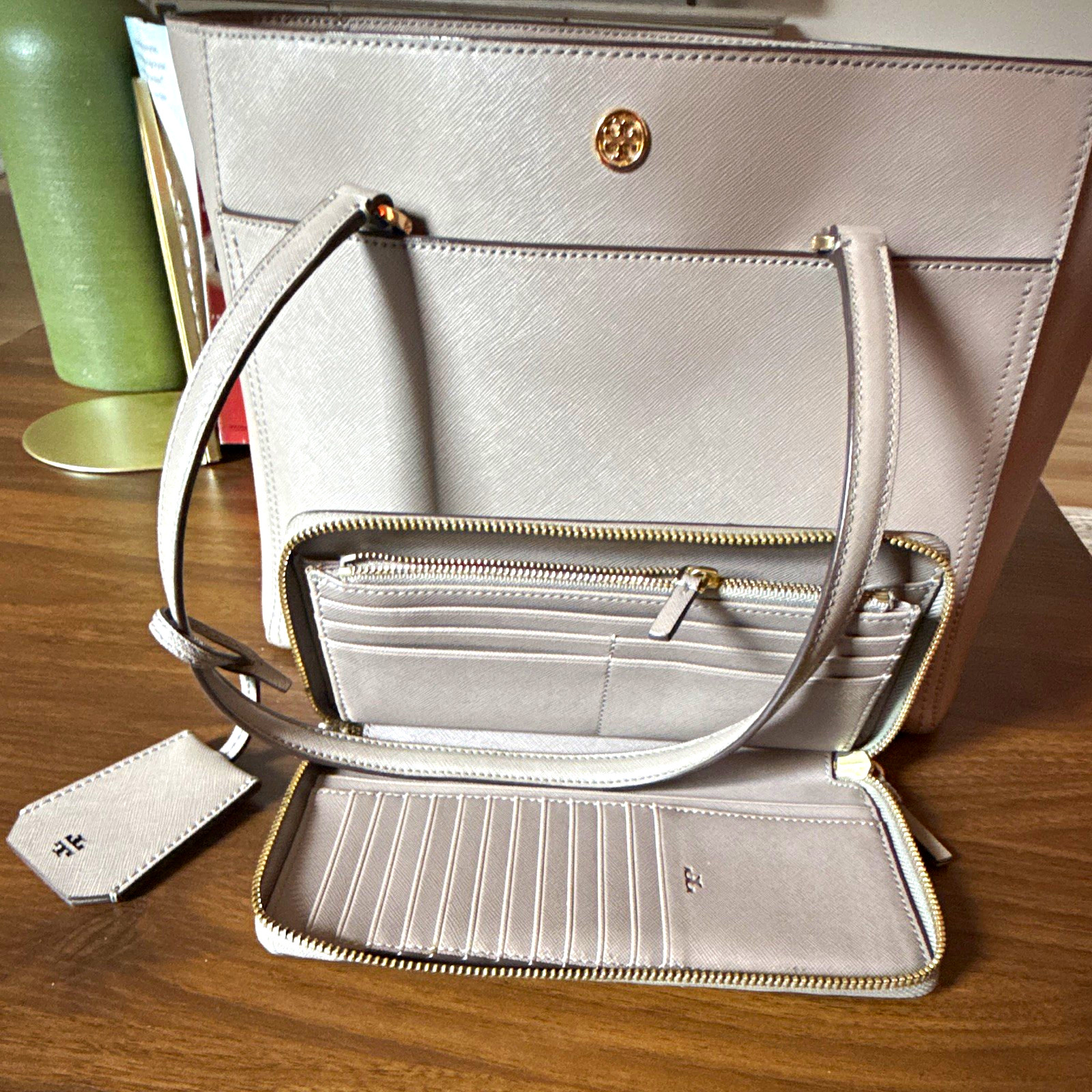 Tory Burch Gray Tote Bag Gold Logo Zip Closure w/ Matching Zip-Around Wallet.