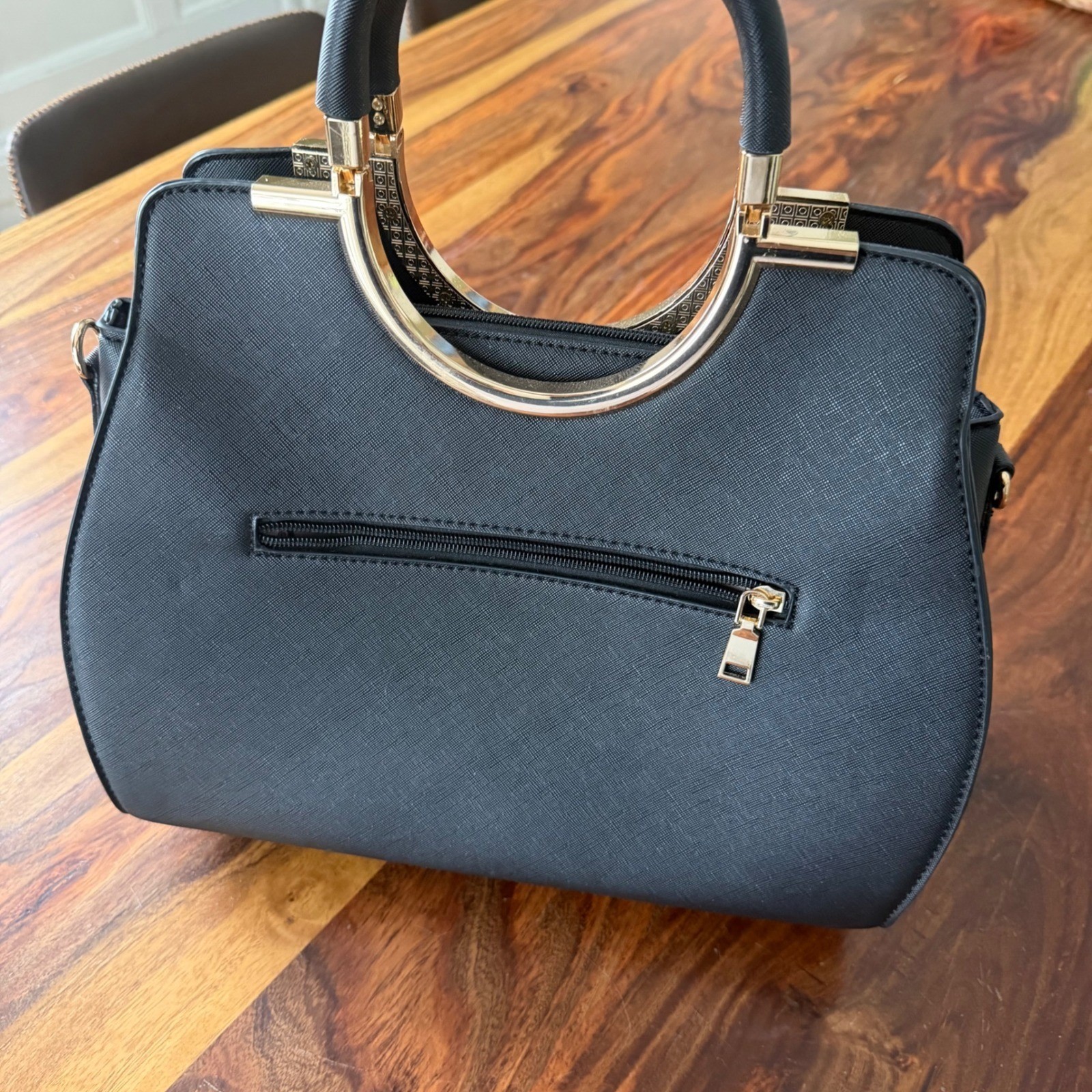 Black Top Handle Purse Satchel Bag Gold Tone Ring Handle Pocket Old Money Luxury