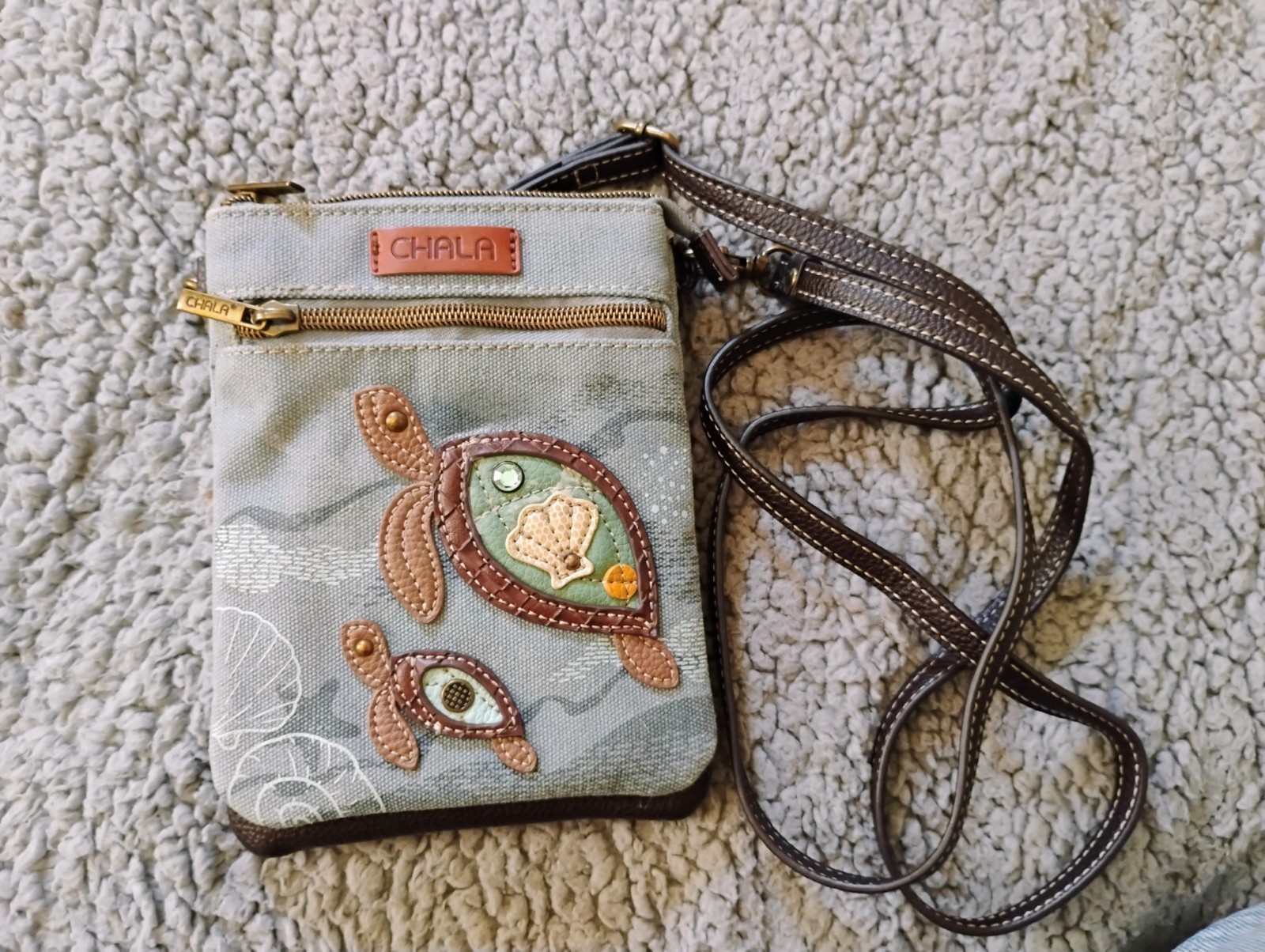 New Chala Double Pocket Crossbody Cell phone Canvas Bag TURTLE Blue RFID gift