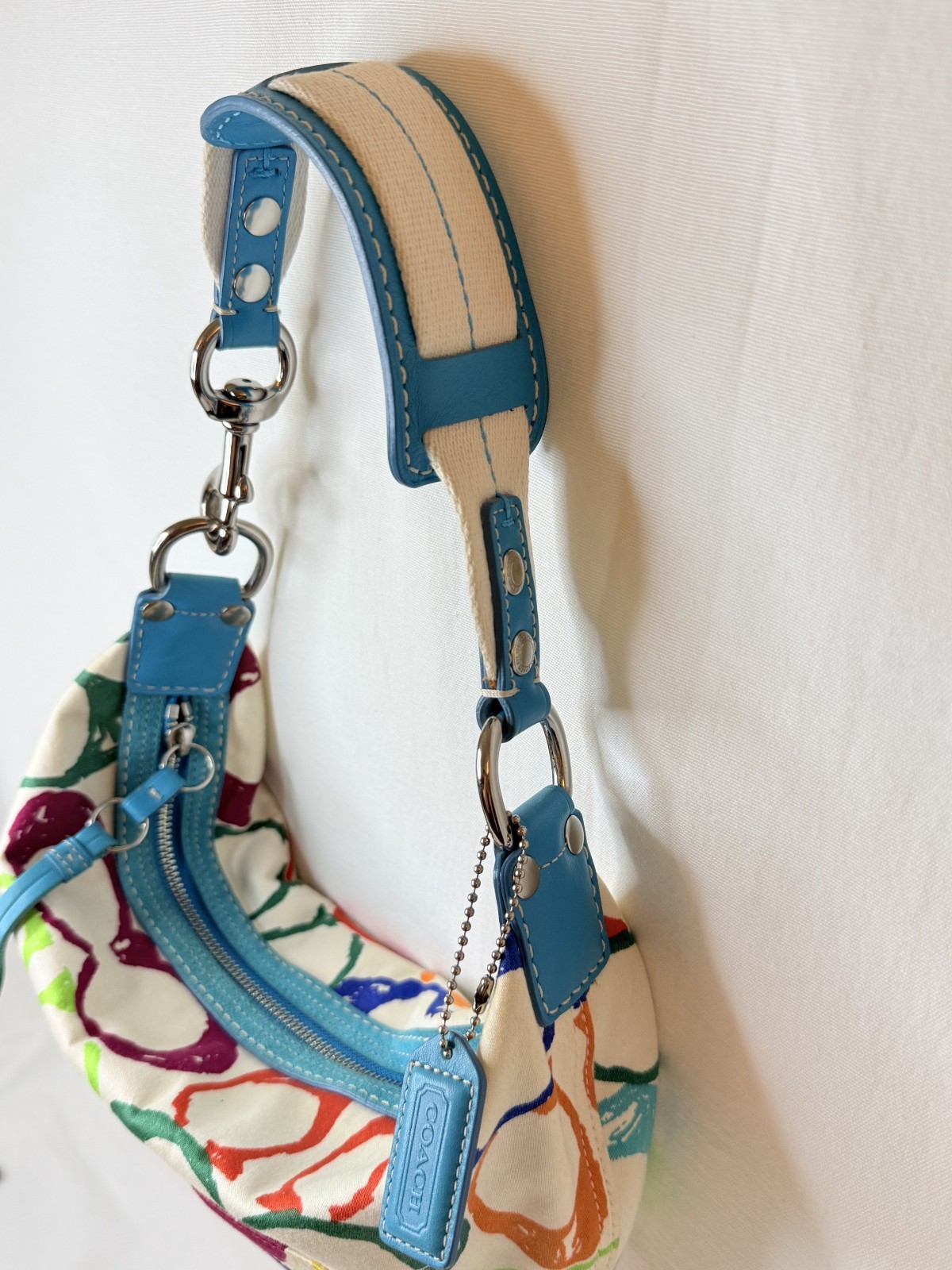 Coach Multicolor Scribble Logo Hampton Hobo Medium Shoulder Bag Y2k Blue Leather