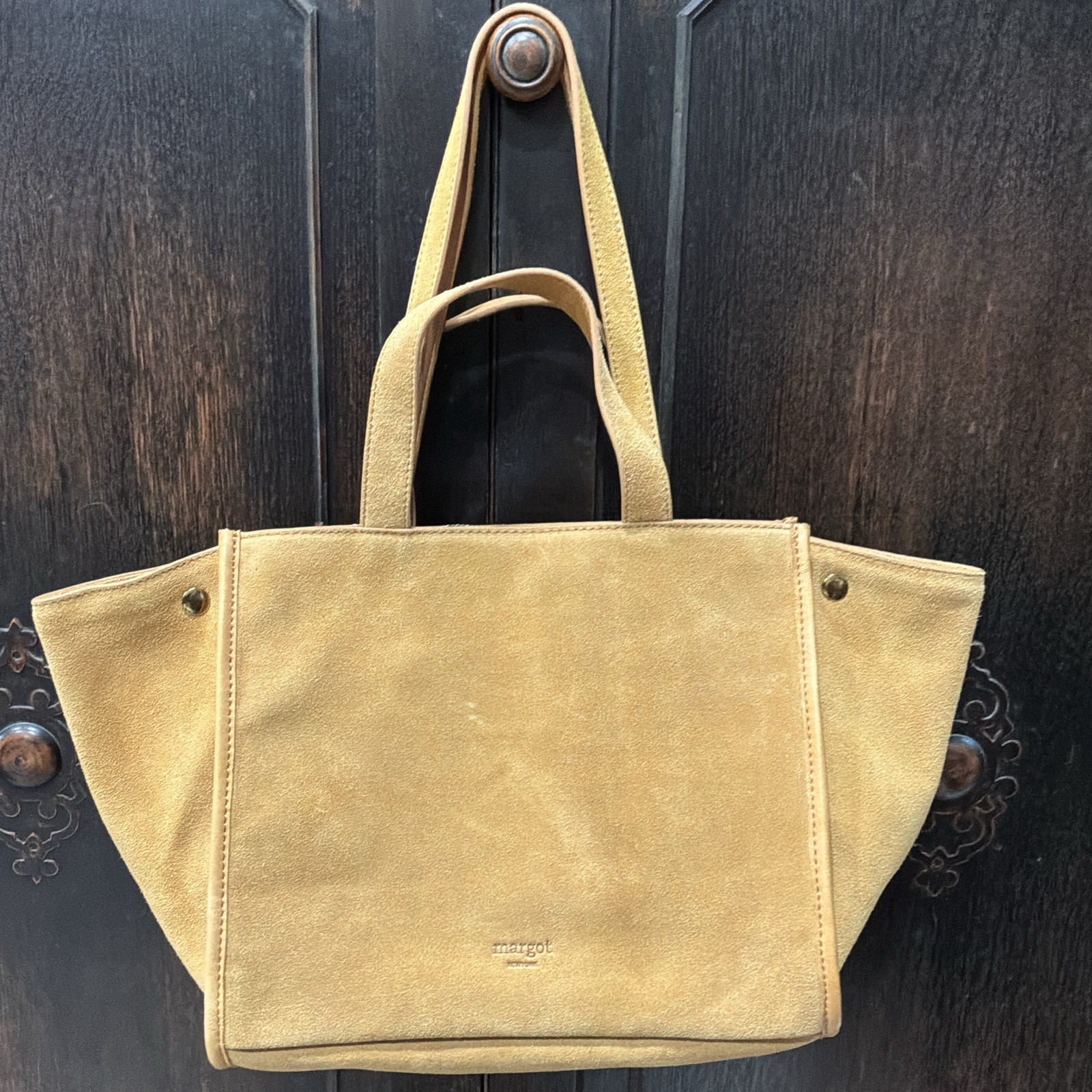 Margot New York Tan Leather Tote Bag + Matching Pochette Camel Suede Gold HW