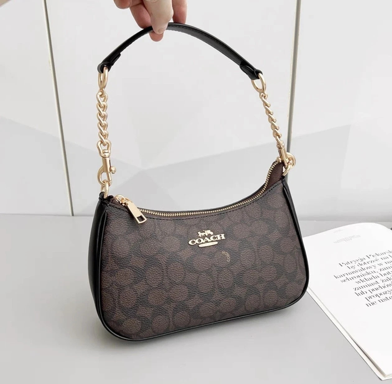 Coach CV933 Teri Shoulder Bag Signature Canvas Walnut Black IMXAQ Gold Hardware