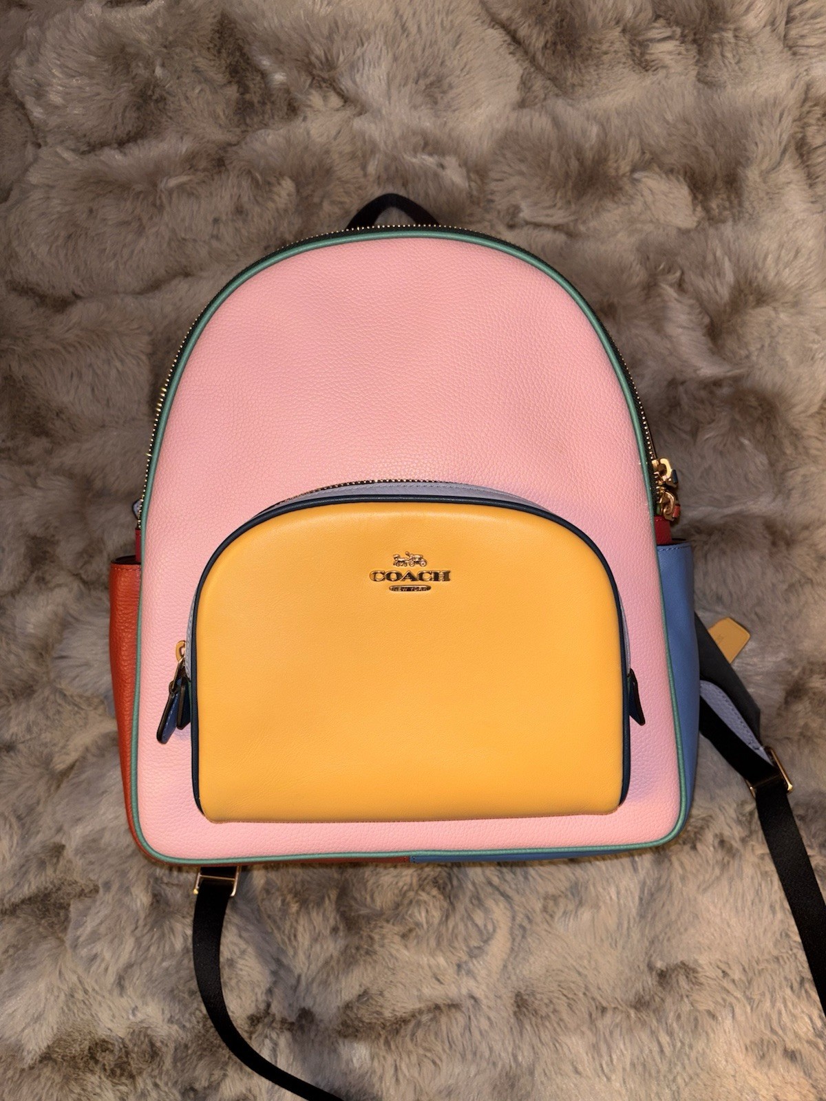 Coach Colorblock Zip Backpack Pink Yellow Orange Red Blue Gold Hardware