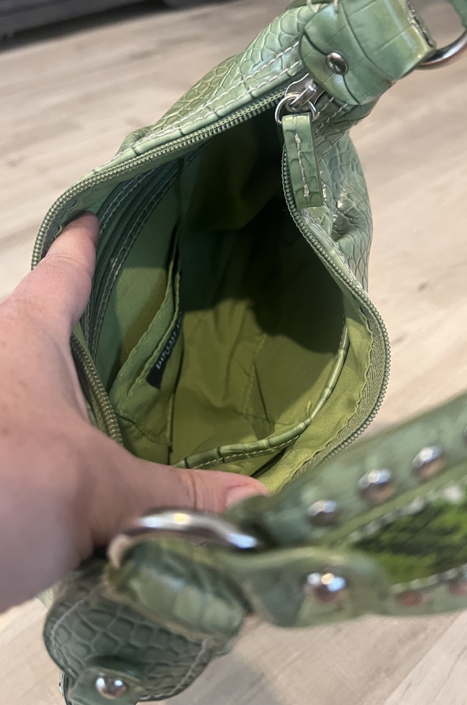 Bisou Bisou Michele Bohbot Green Croc Embossed Faux Leather Shoulder Bag Y2K