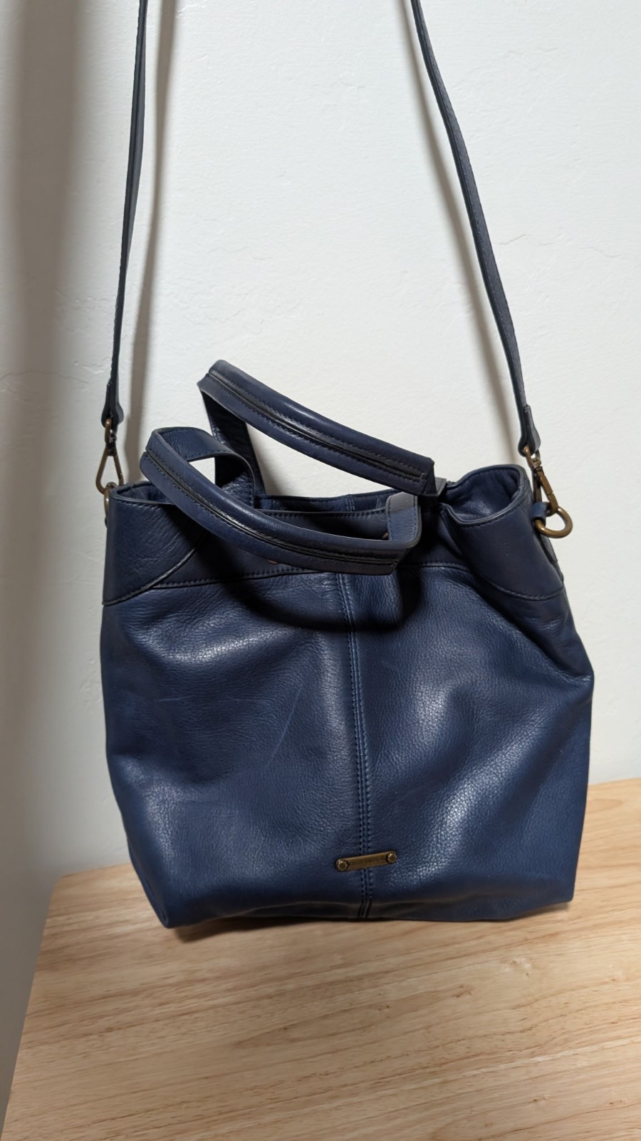 Joelle Hawkens Navy Shoulder Bag Pebbled Leather Drawstring Zip Studs