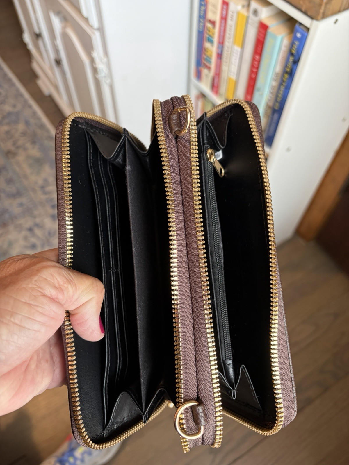Brown Wallet On Removable Gold Chain For Crossbody Wear
