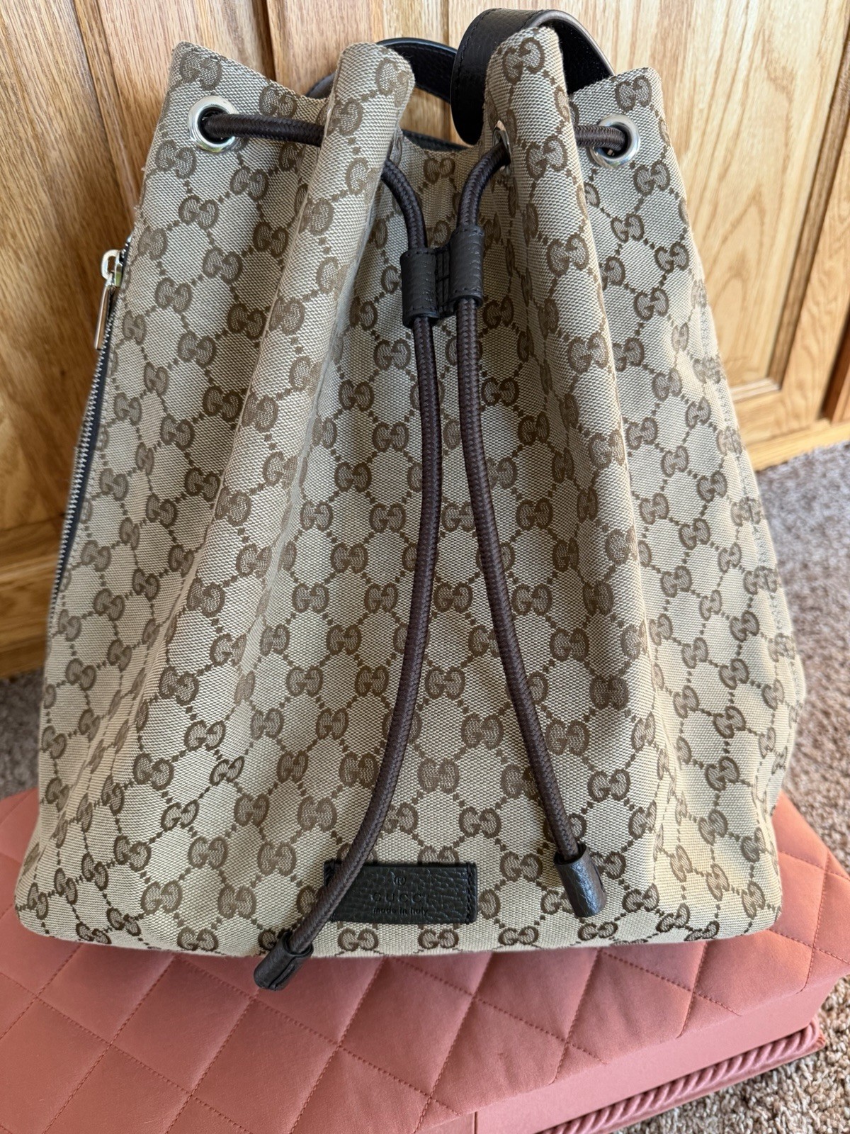 Rare FindGUCCI RUCKSACK BACKPACK CANVASLEATHER BEIGE BROWN USED & DUST BAG & CoA