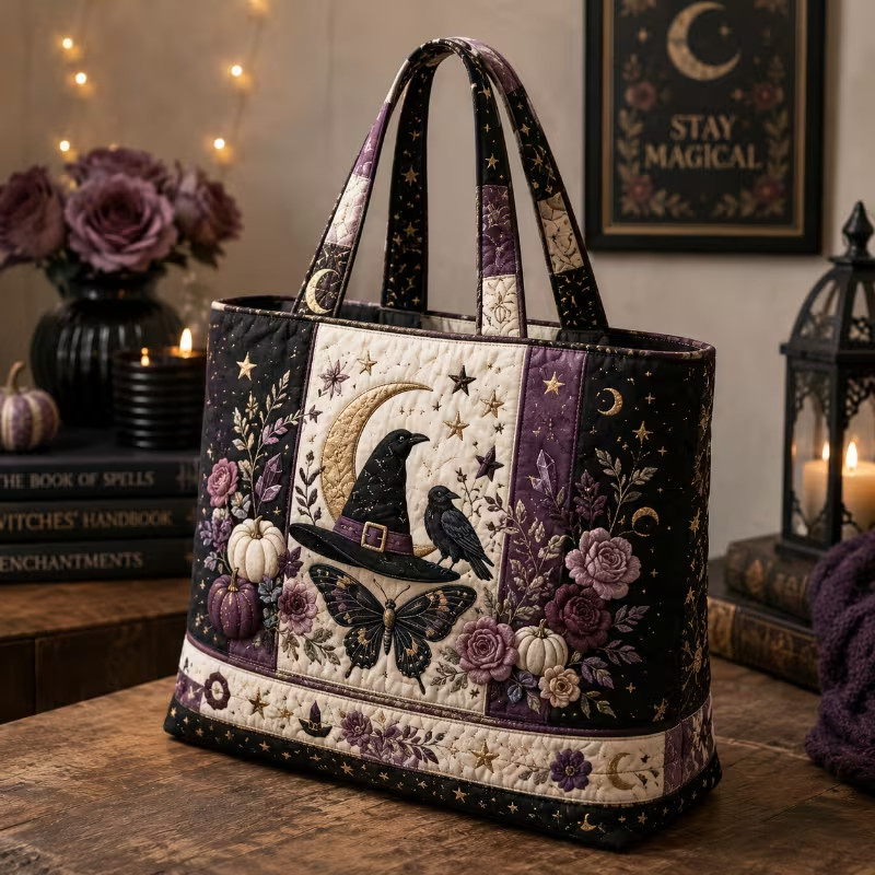 Witch Purple And Black Splicing Quilted Tote Bag, Crescent Crow Butterfly