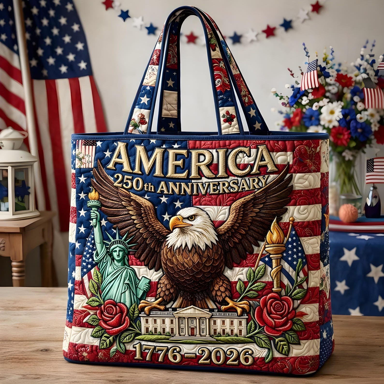 America 250 Years Liberty Eagle Quilted Tote Bag, USA 250th Anniversary Quilt To