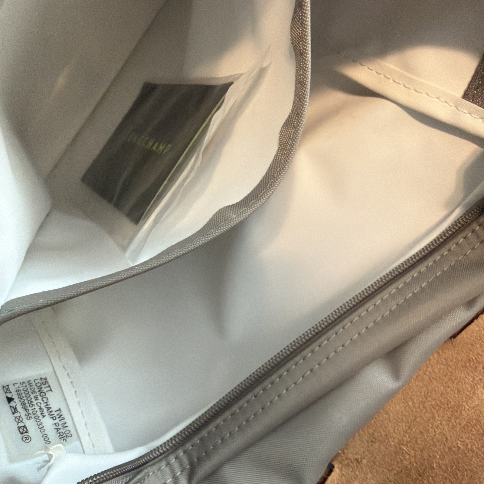 Longchamp Gray Backpack Brown Trim Gold Hardware Medium Zip Snap Women