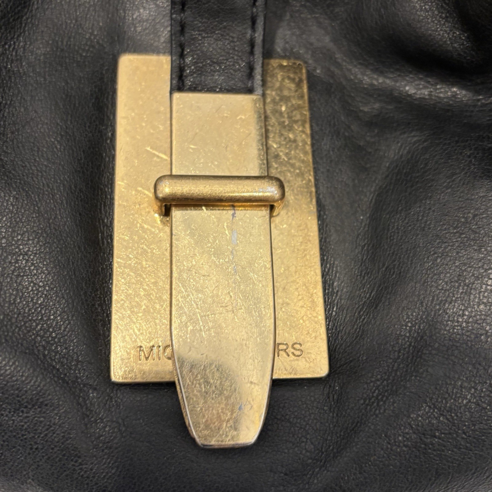 Women’s Michael Kors “Calista” Black Leather Shoulder Bag With Gold Tone Accents