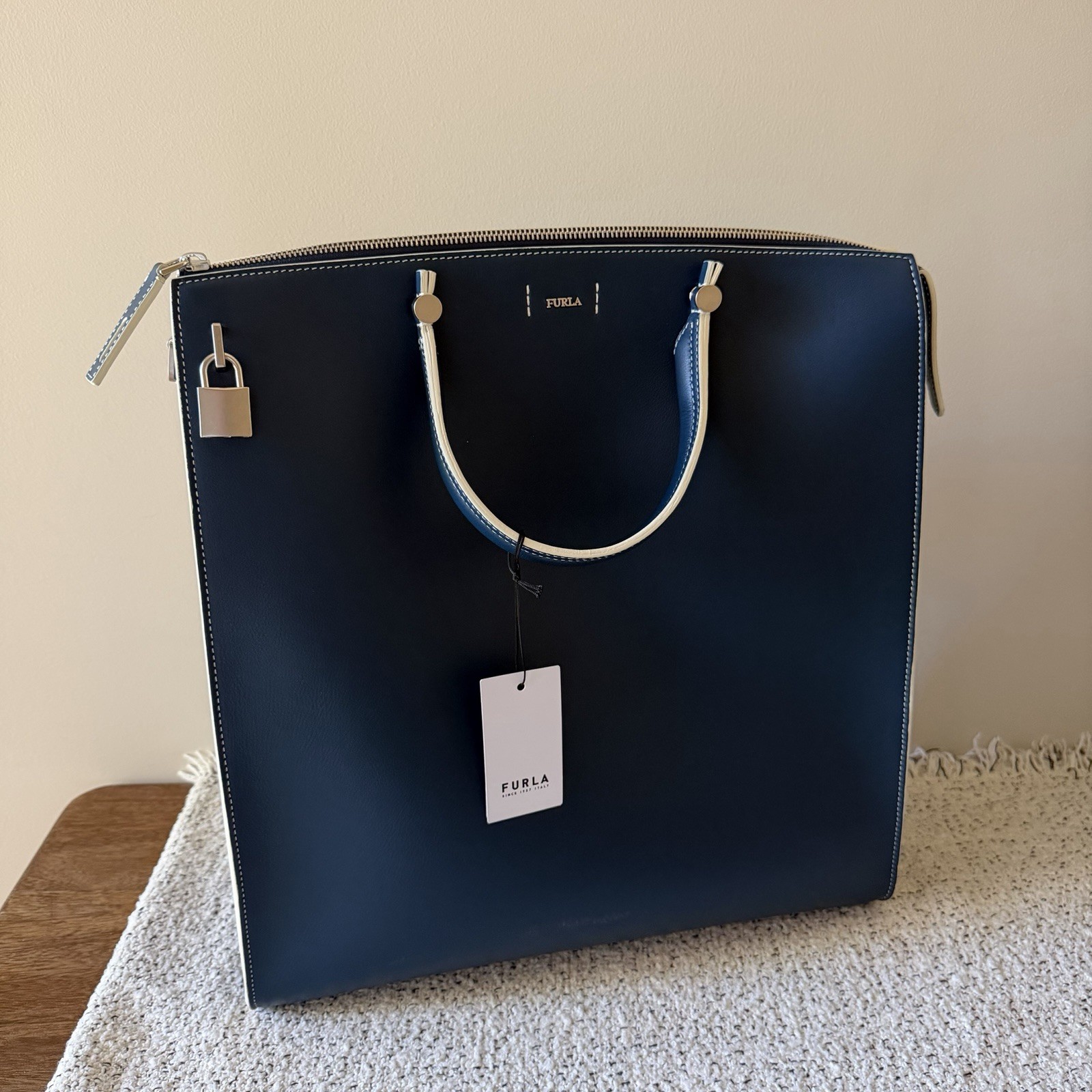 NEW Furla Mercurio N/S Travel Tote Leather Bag Atlantico Navy Blue Made in Italy