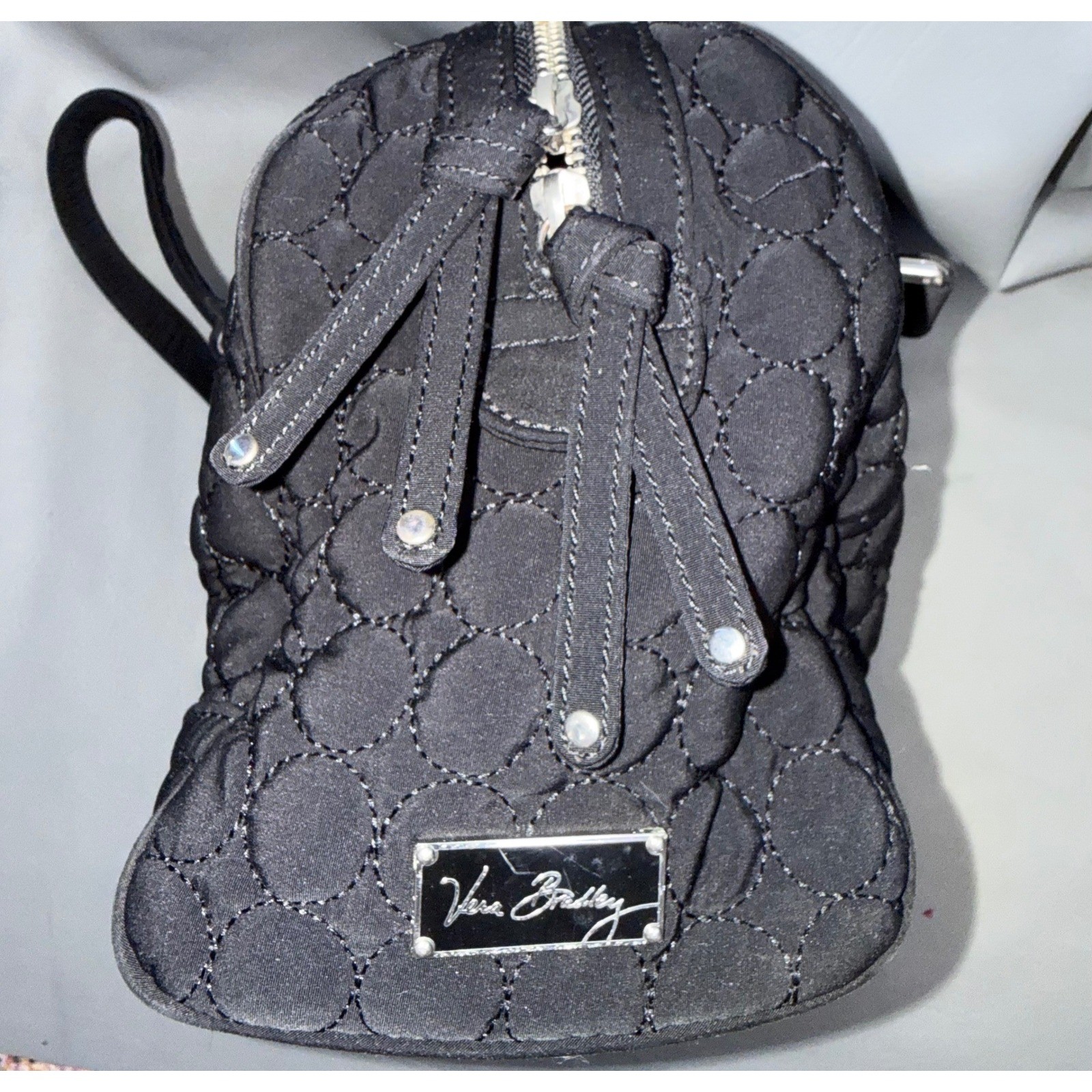 Vera Bradley Black Quilted Microfiber Satchel Floral Lining Handbag Silver Logo