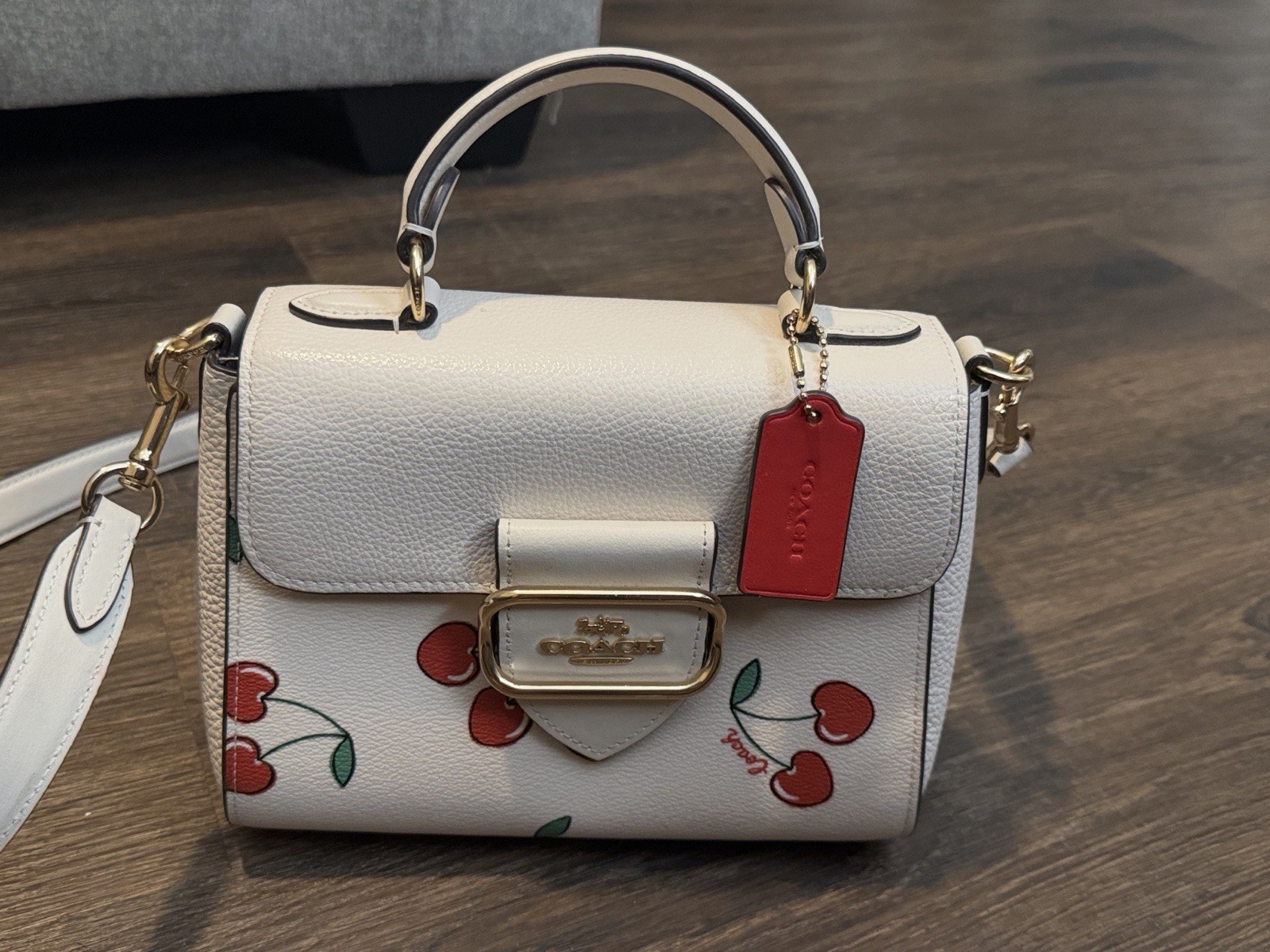 Coach Purse Morgan Top Handle Satchel Bag Chalk Leather, Cherry Print