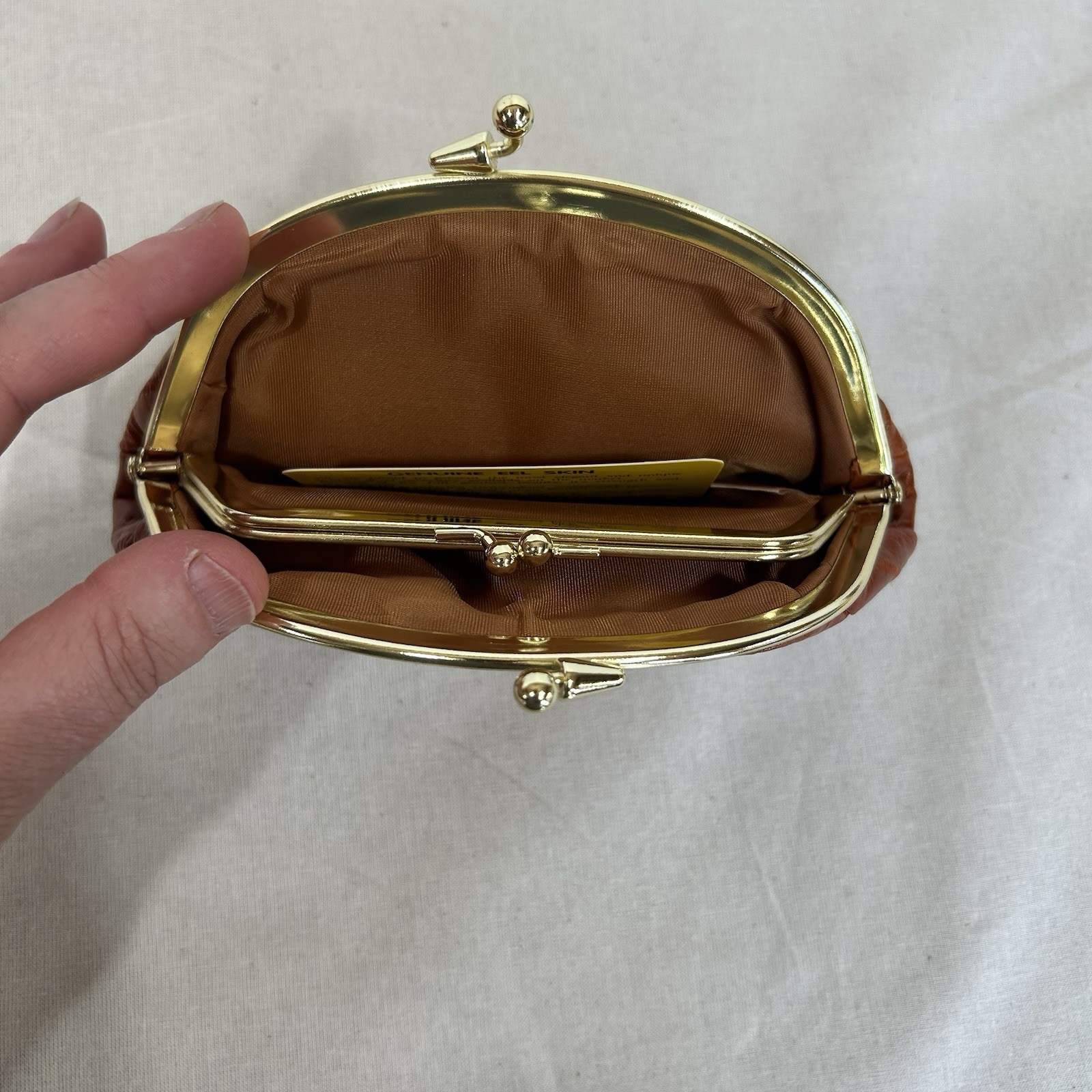 Lee Sands EEL Skin Clutch Purse With Original Box And Card Insert Cognac NEW