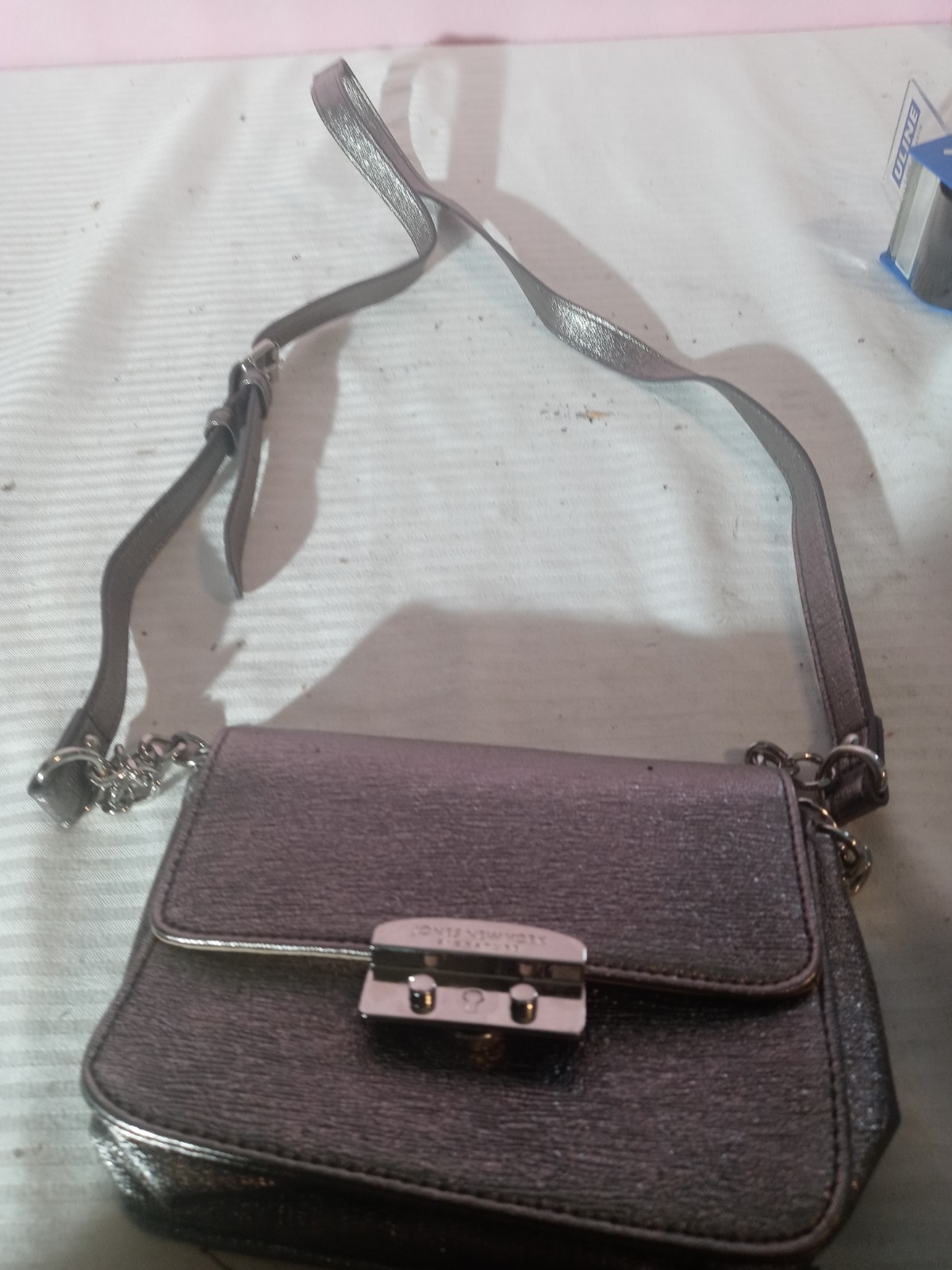 Jones New York Signature Metallic Gray Crossbody Turn Lock Silver Hardware Strap