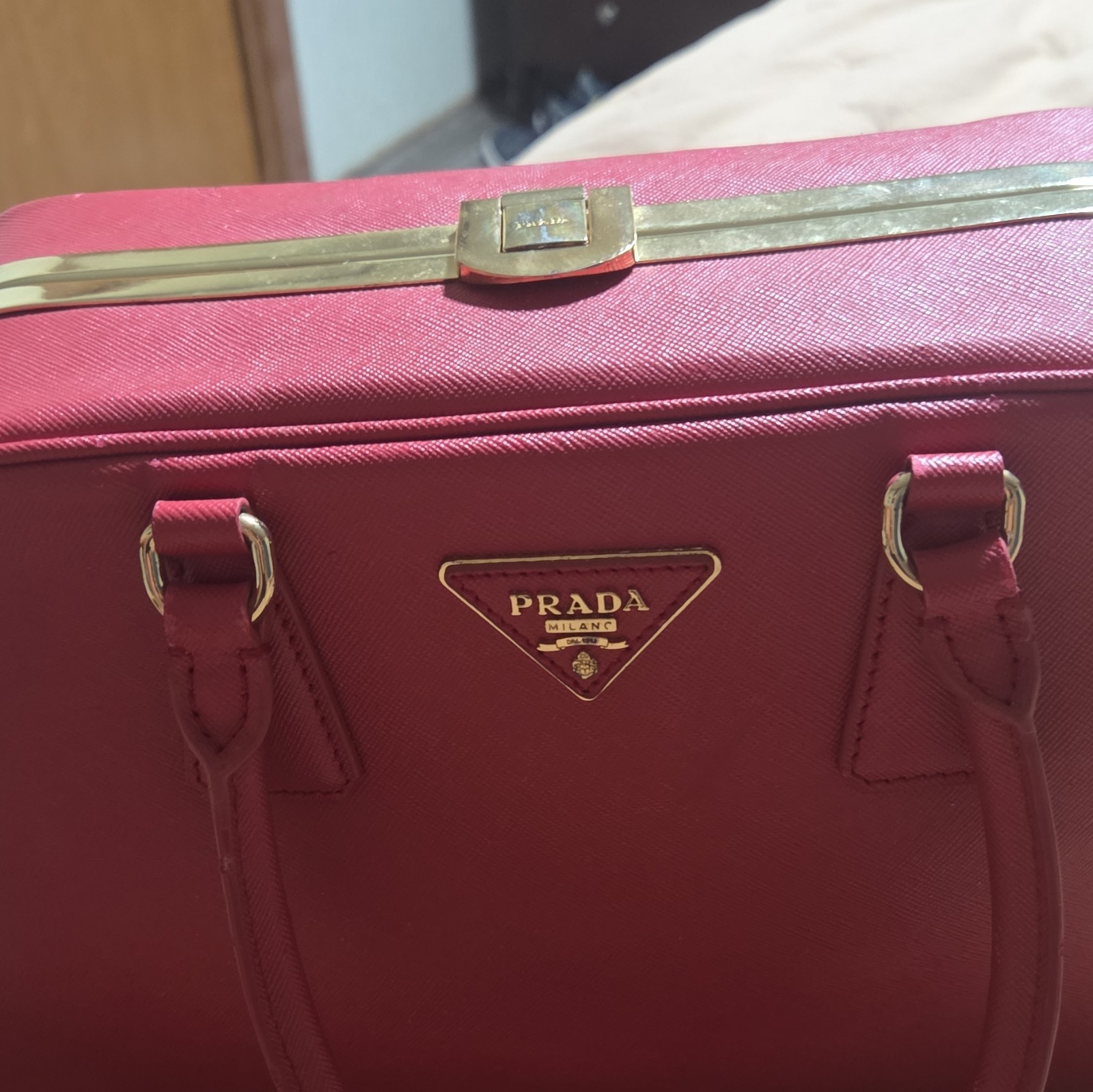 PRADA Red Zip Satchel Top Handle Bag Gold Hardware Double Handles Dust Bag