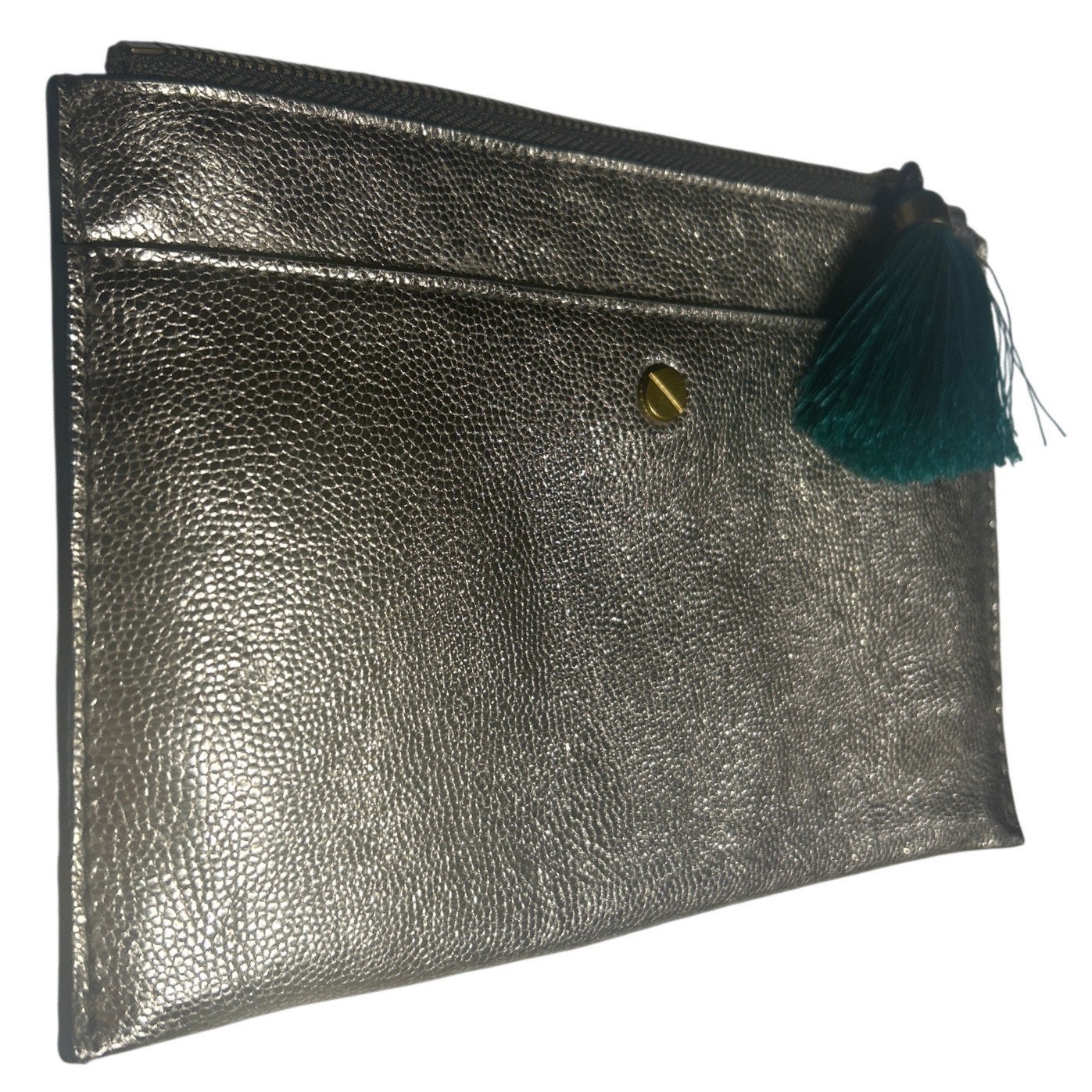 J.Crew Metallic Gold Pebbled Leather Green Tassel Clutch Bag 8.25″ x 5.5″ NWT