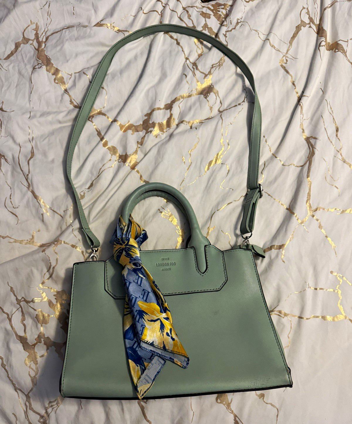 London Fog Green Medium Satchel Top Handle Bag w/ Detachable Crossbody Strap