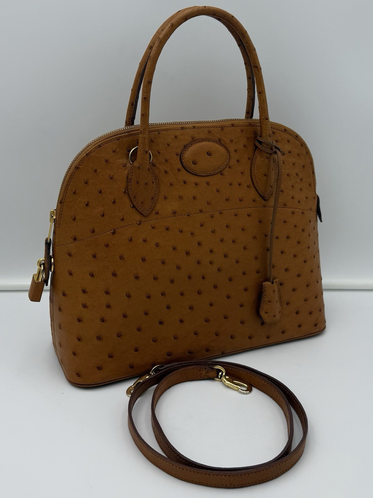 🇫🇷michel adolphe PARIS Unisex Brown Exotic OSTRICH BUGATTI 31 Bag •Made FRANCE