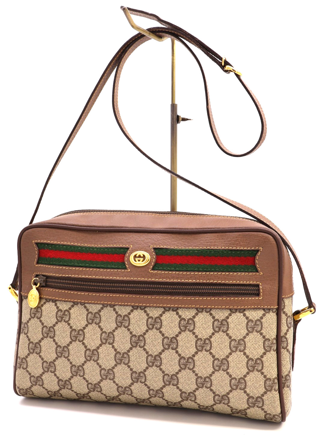 GUCCI VINTAGE Ophidia Shoulder Bag Sherry Line Brown Classic Large Authentic