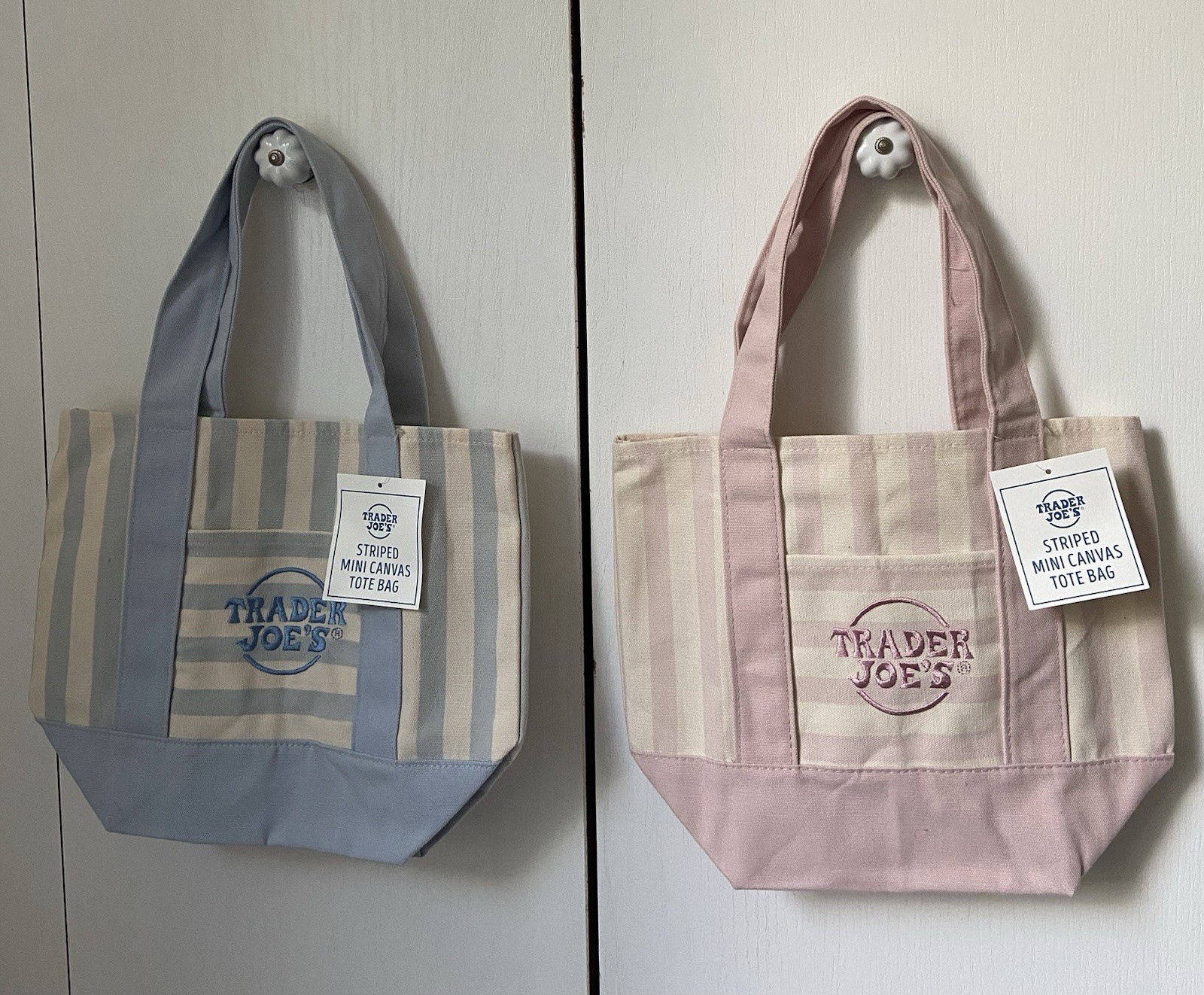 Set Of 2 Trader Joes Striped Mini Totes Bags Pink Blue Canvas NWT