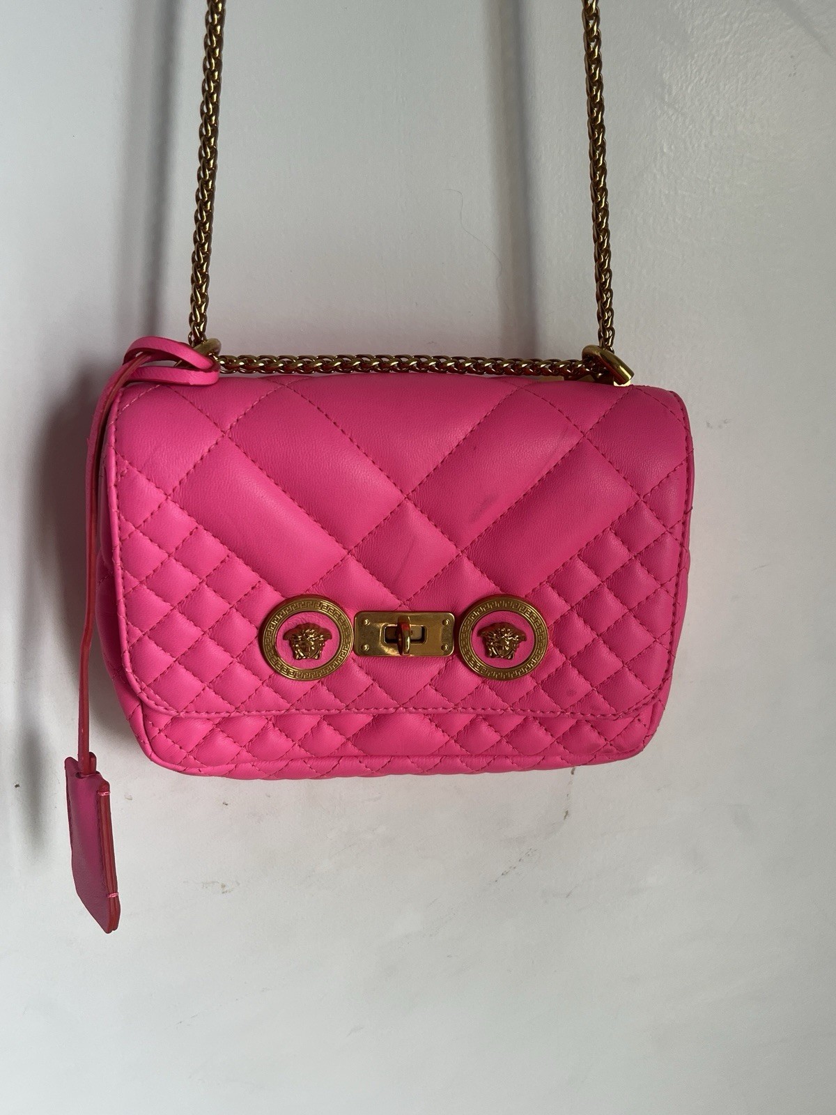 Versace Quilted Small Icon Bag Fluorescent Pink Purse Padlock Chain Strap