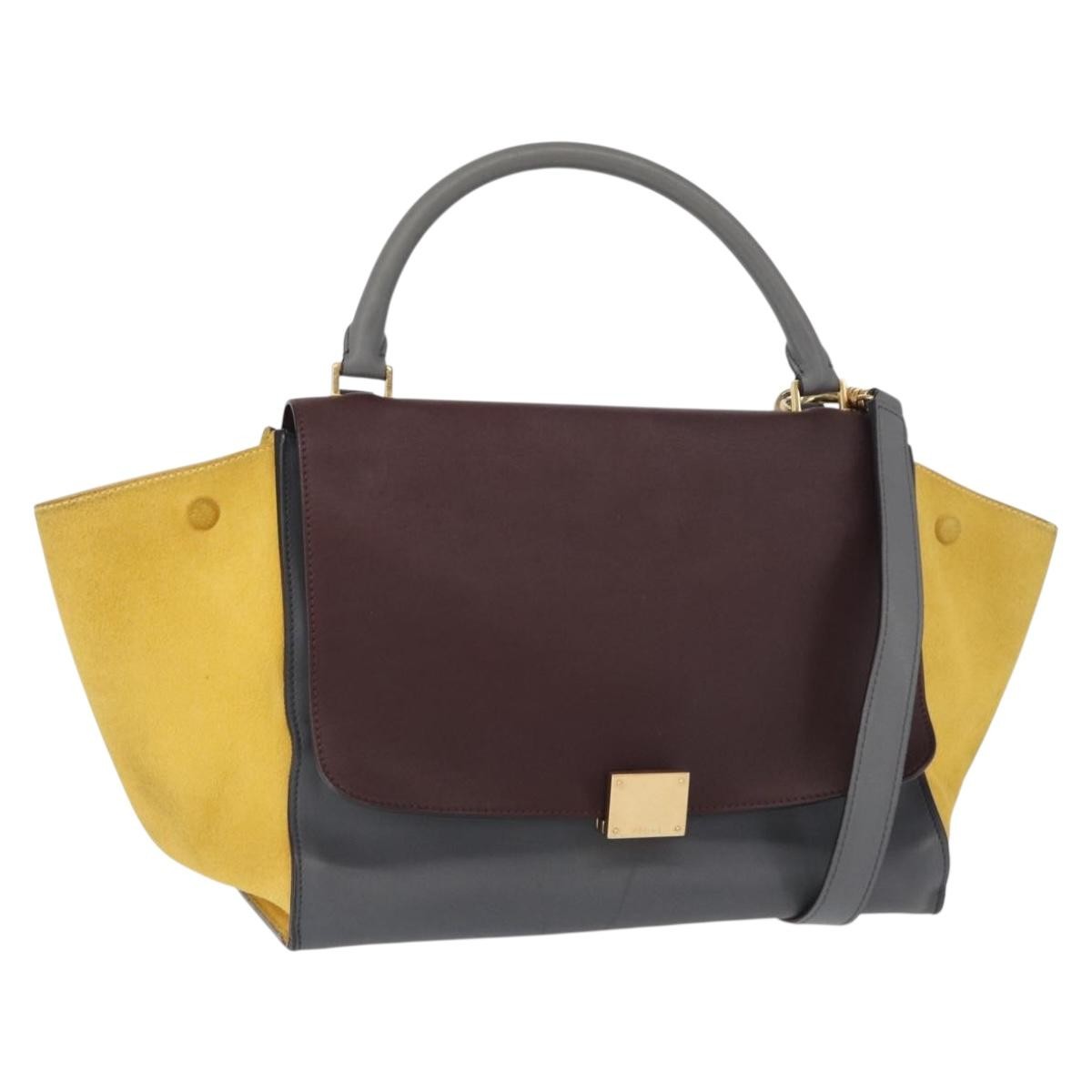CELINE Trapeze Medium Hand Bag Leather 2way Gray Gold Auth BA7555