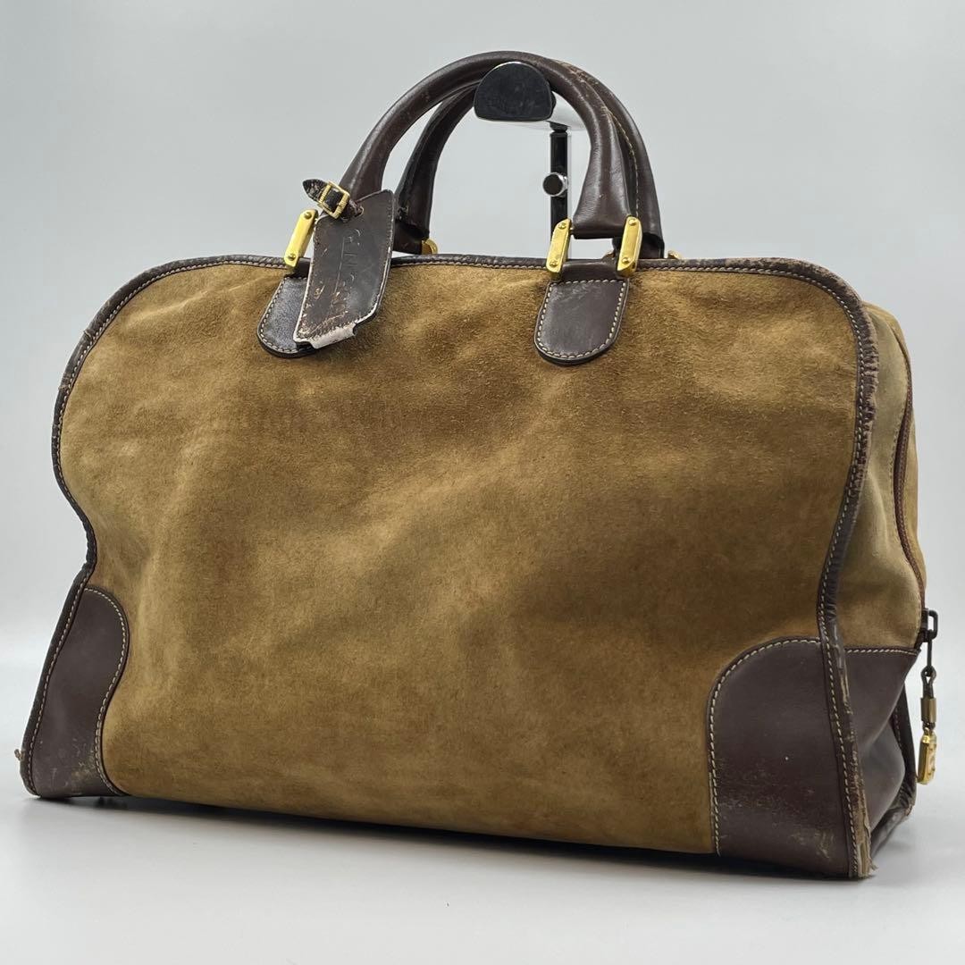 LOEWE Amazona Boston Bag Brown Suede Leather Large Travel Hand Bag Vintage