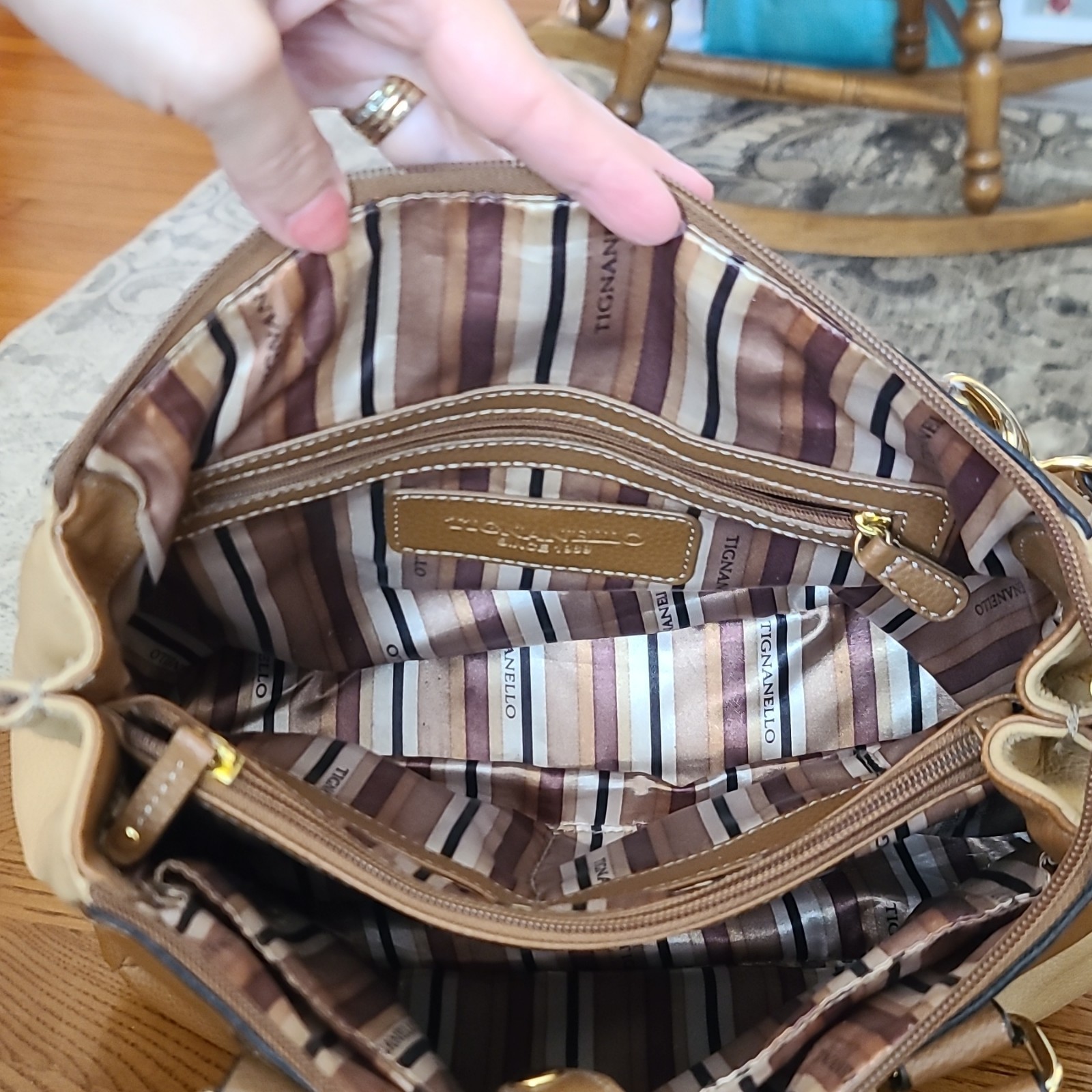 Tignanello Two-Tone Brown/Beige Pebbled Satchel Zip Detachable Strap