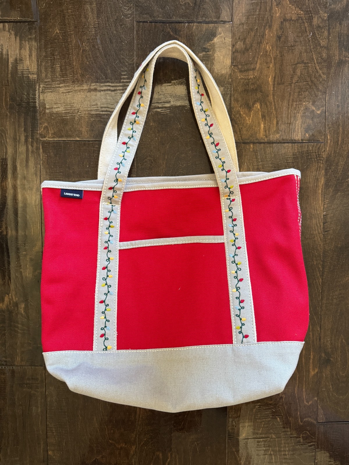 Land’s End Medium Canvas Tote Christmas Lights Embroidery Red Beige Five Pocket