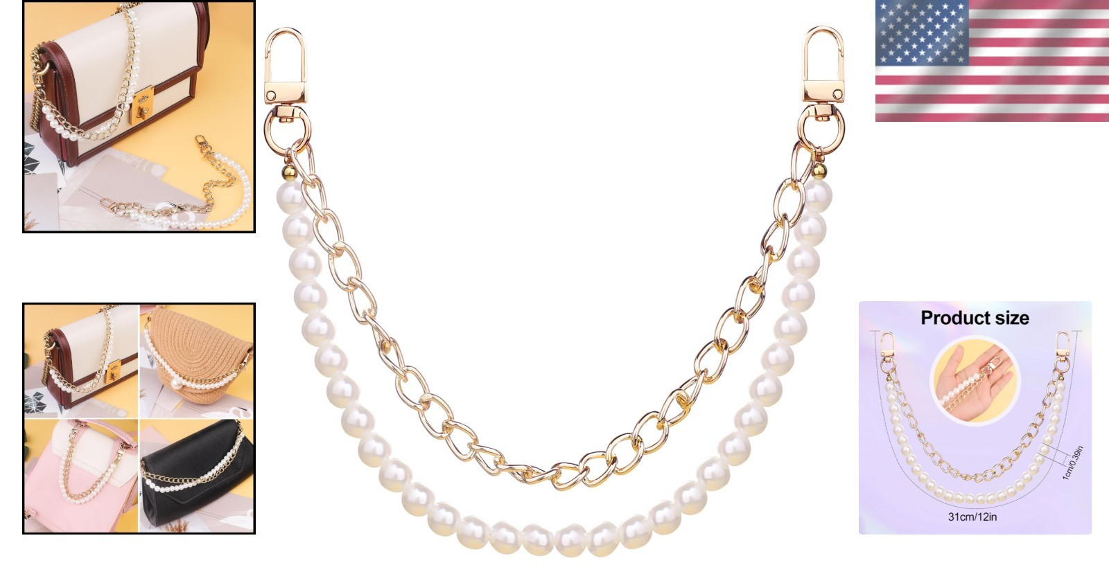 Stylish 12 Inch Bag Chain with White Pearls & Gold Links – Must-Have Charm