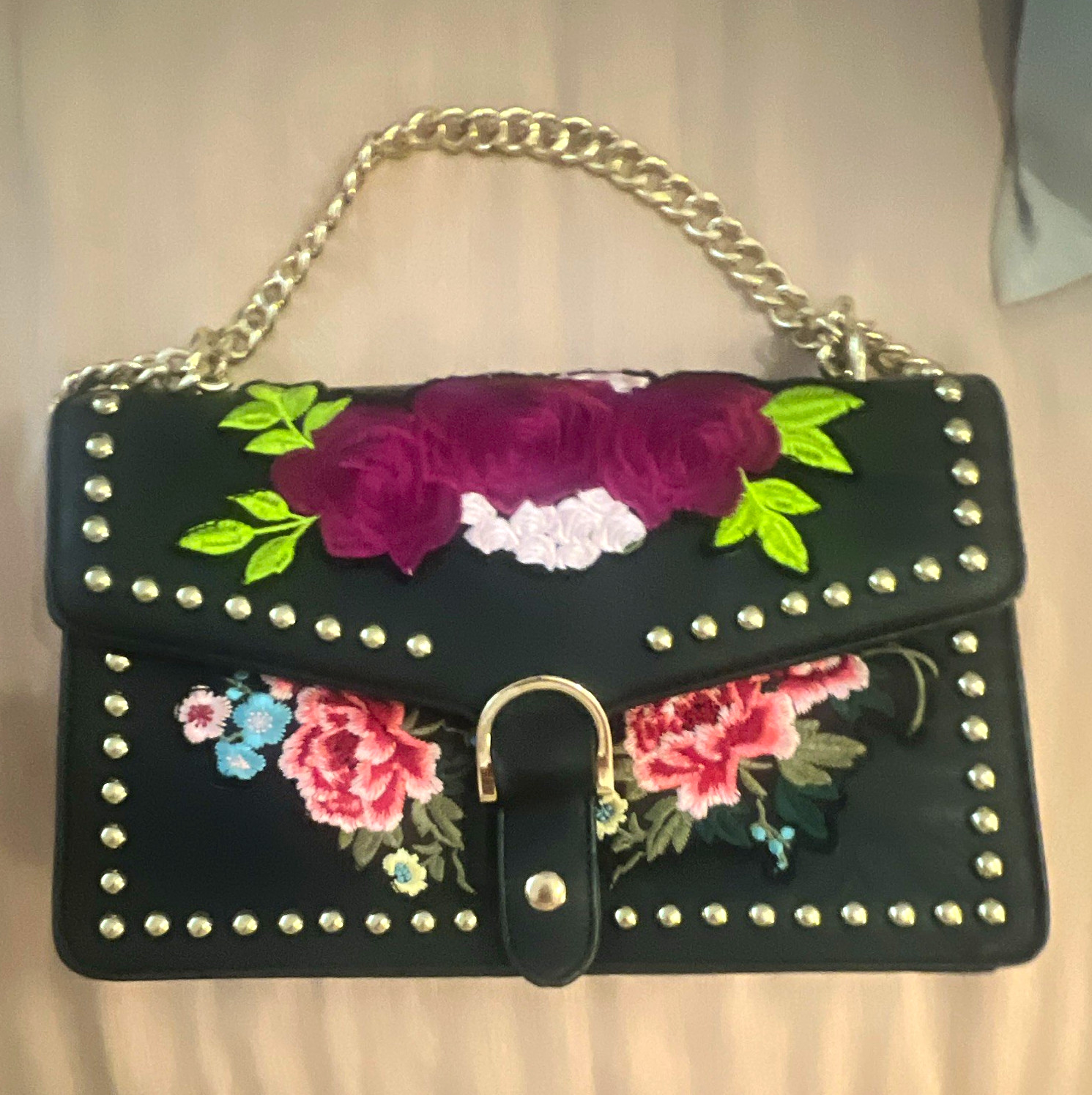 Black Floral Embroidered Studded Shoulder Bag Gold Chain Strap Magnetic Close