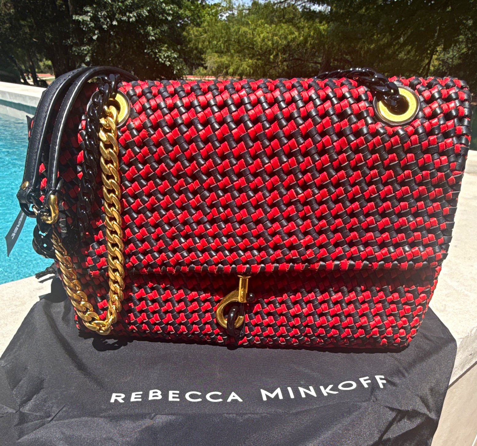 Rebecca Minkoff Edie Woven Medium Crossbody – Black/Chili Red