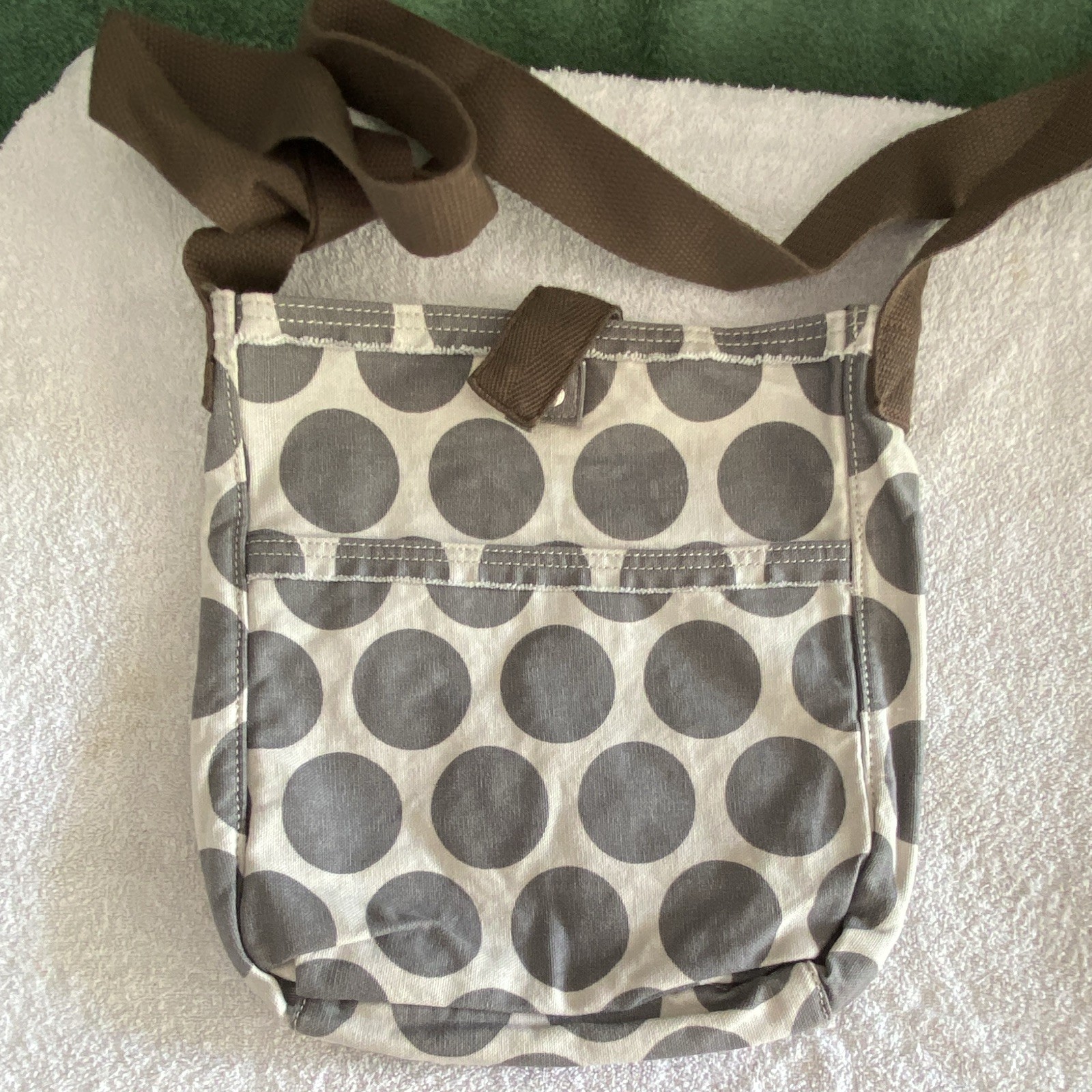 Women’s Gray & White Polka Dot Small Crossbody Bag Adjustable Brown Strap