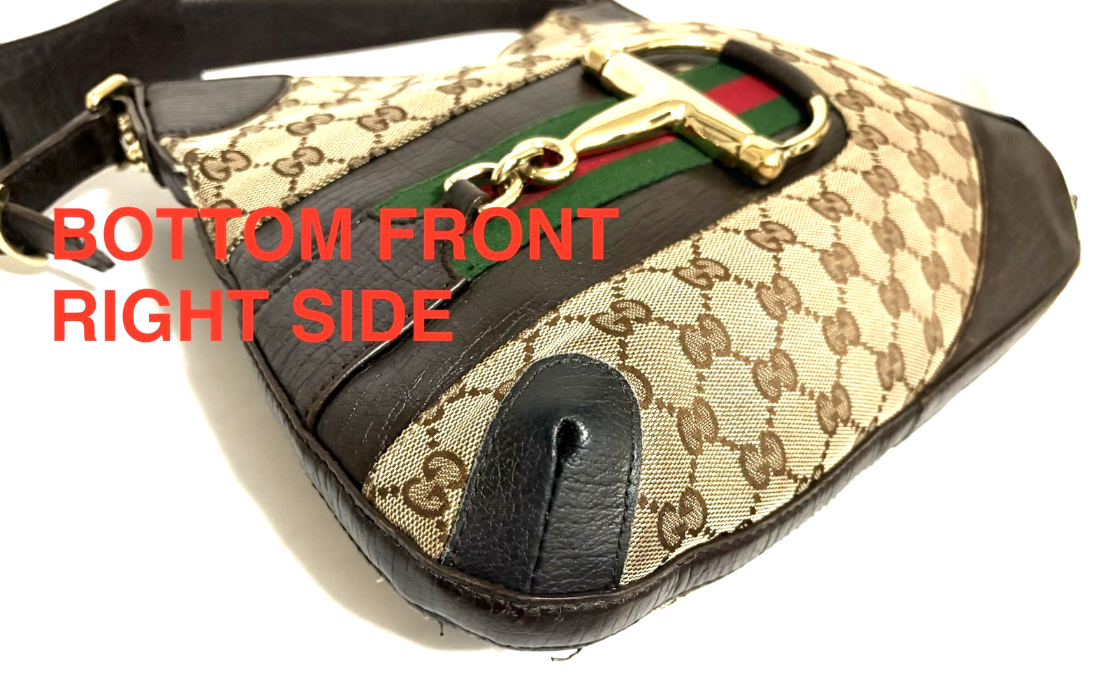 GUCCI HORSEBIT CANVAS W/ DARK BROWN LEATHER HOBO BAG WITH GREEN AND RED WEB