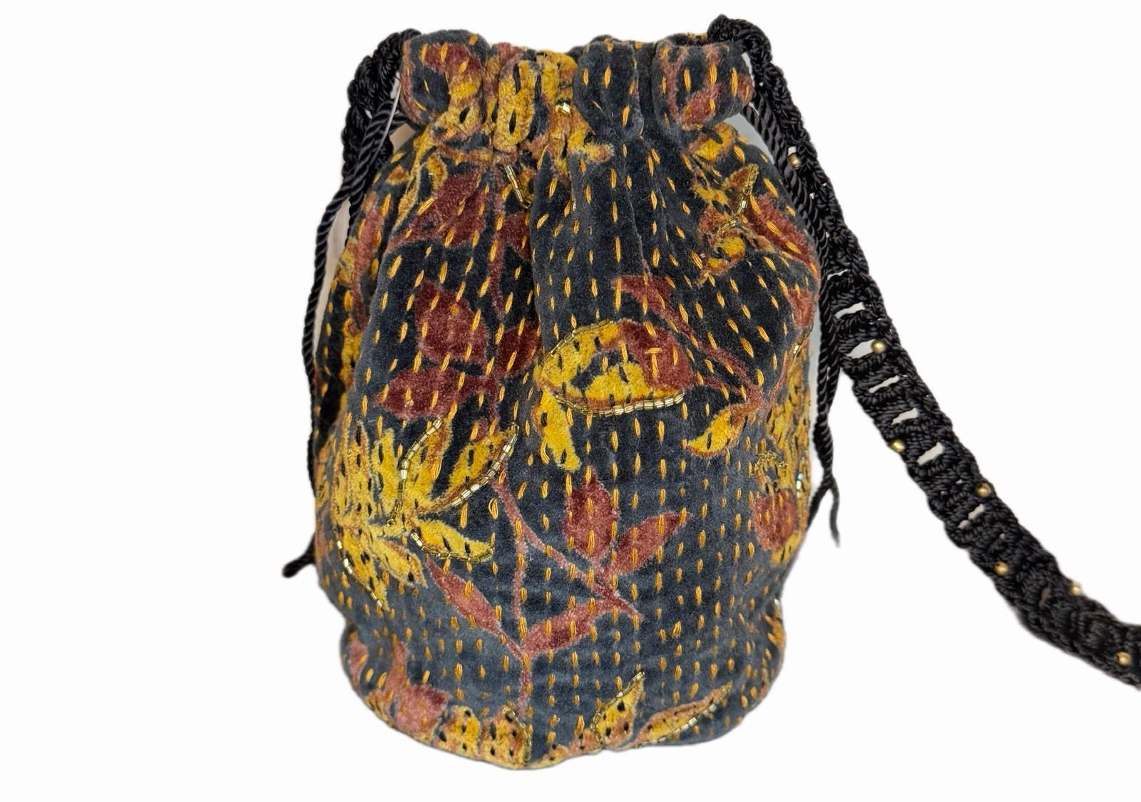 Free People Moon Crossbody Bag Midnight Velvet Kantha Beaded Bucket NWT
